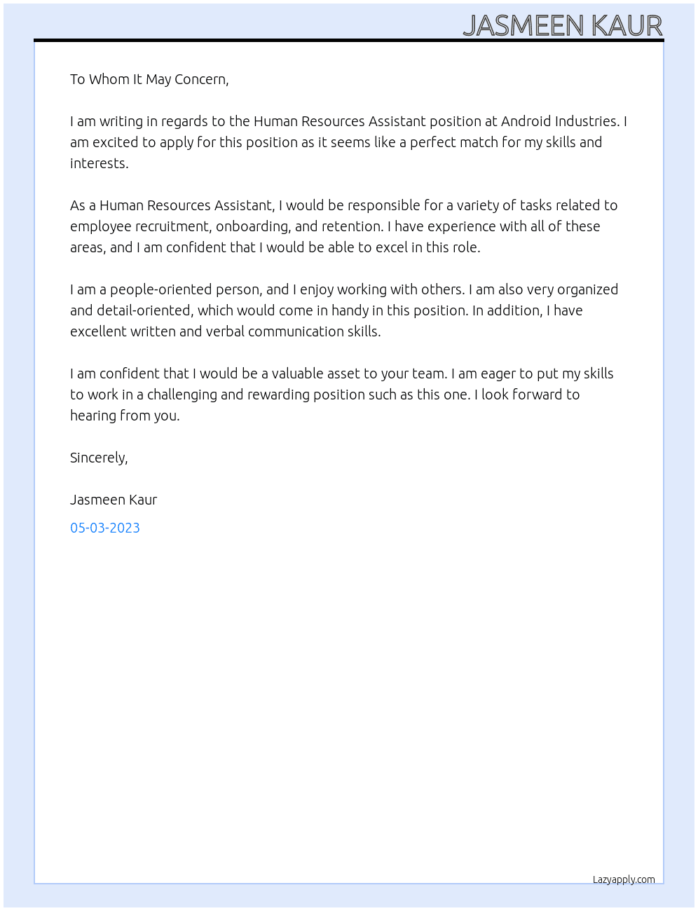 Human Resources Assistant At Android Industries Cover Letter