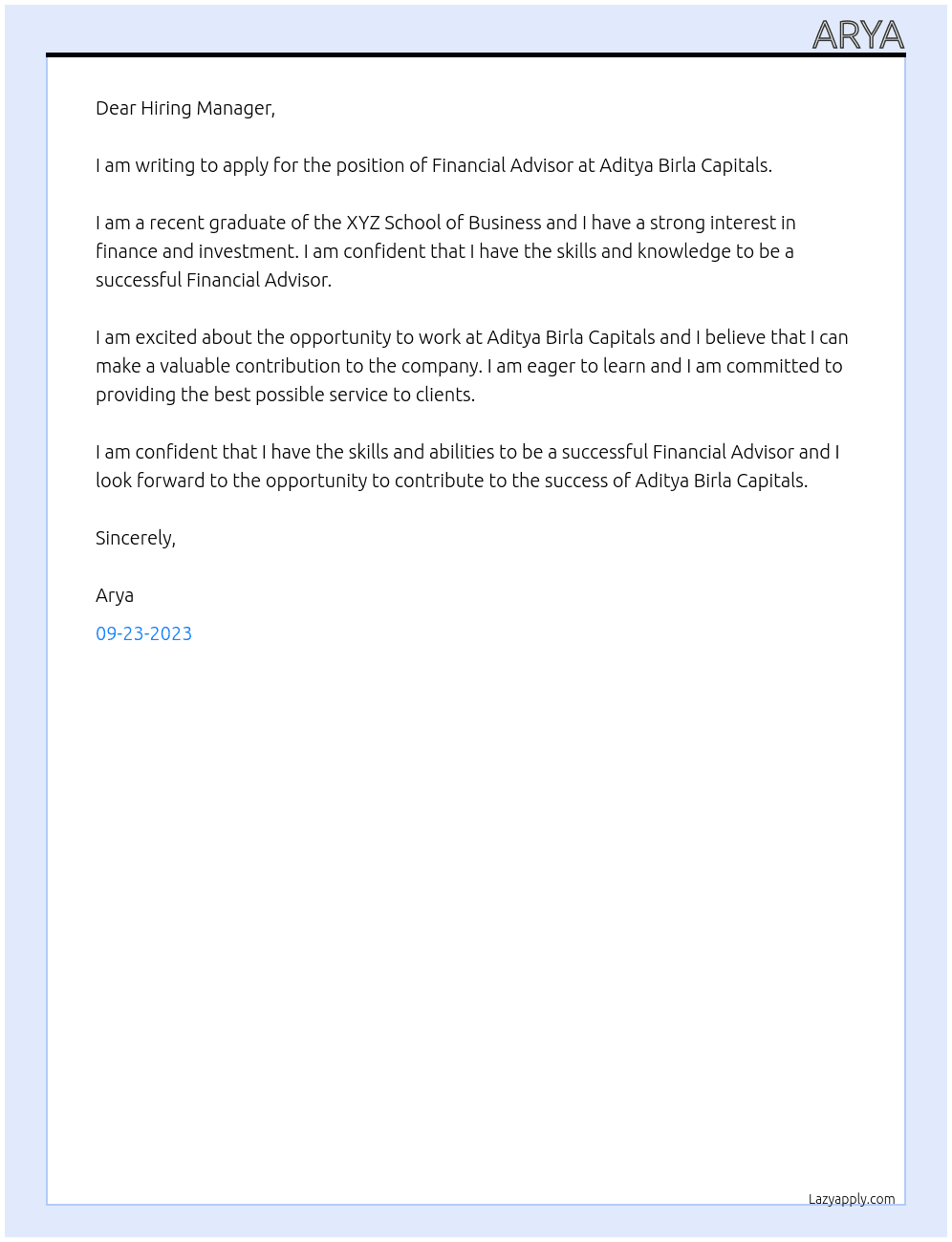 Financial Advisor  At Aditya Birla Capitals Cover Letter