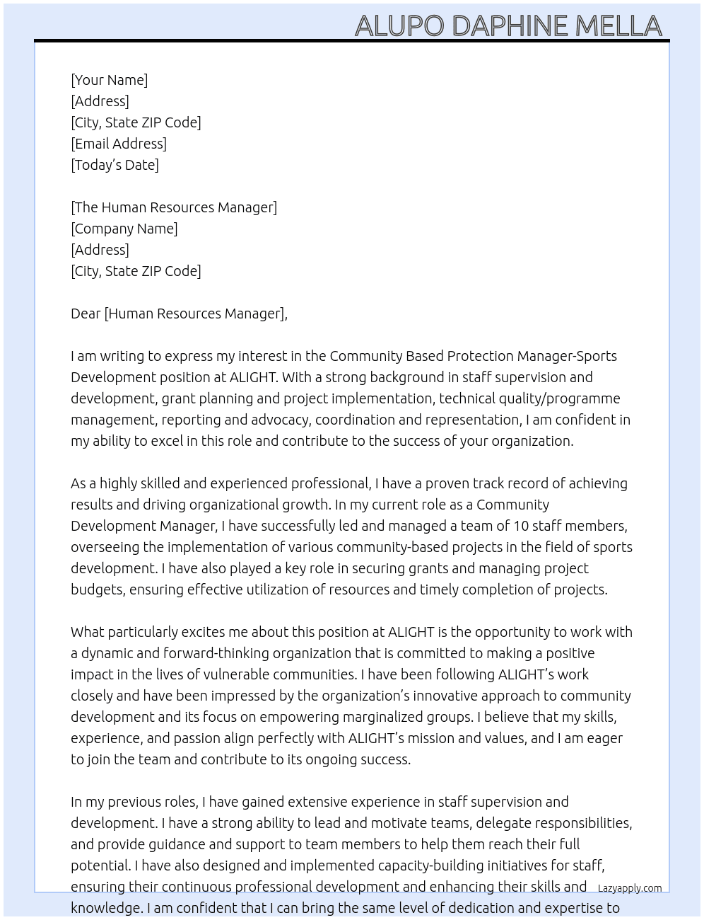 Community Based Protection Manager-Sports Development At ALIGHT  Cover Letter