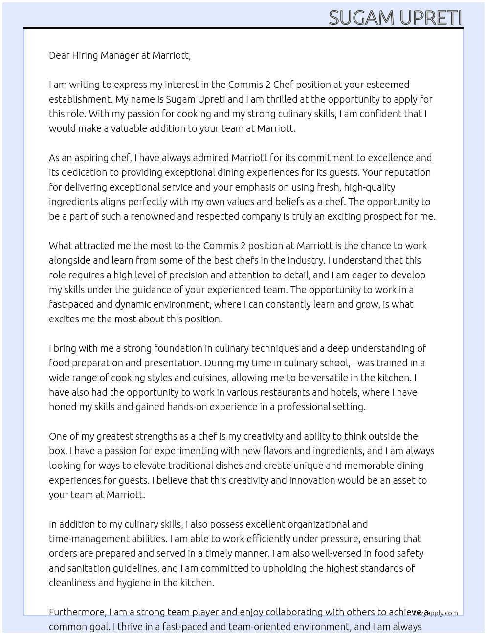 Cover letter for commis 2 chef - LazyApply