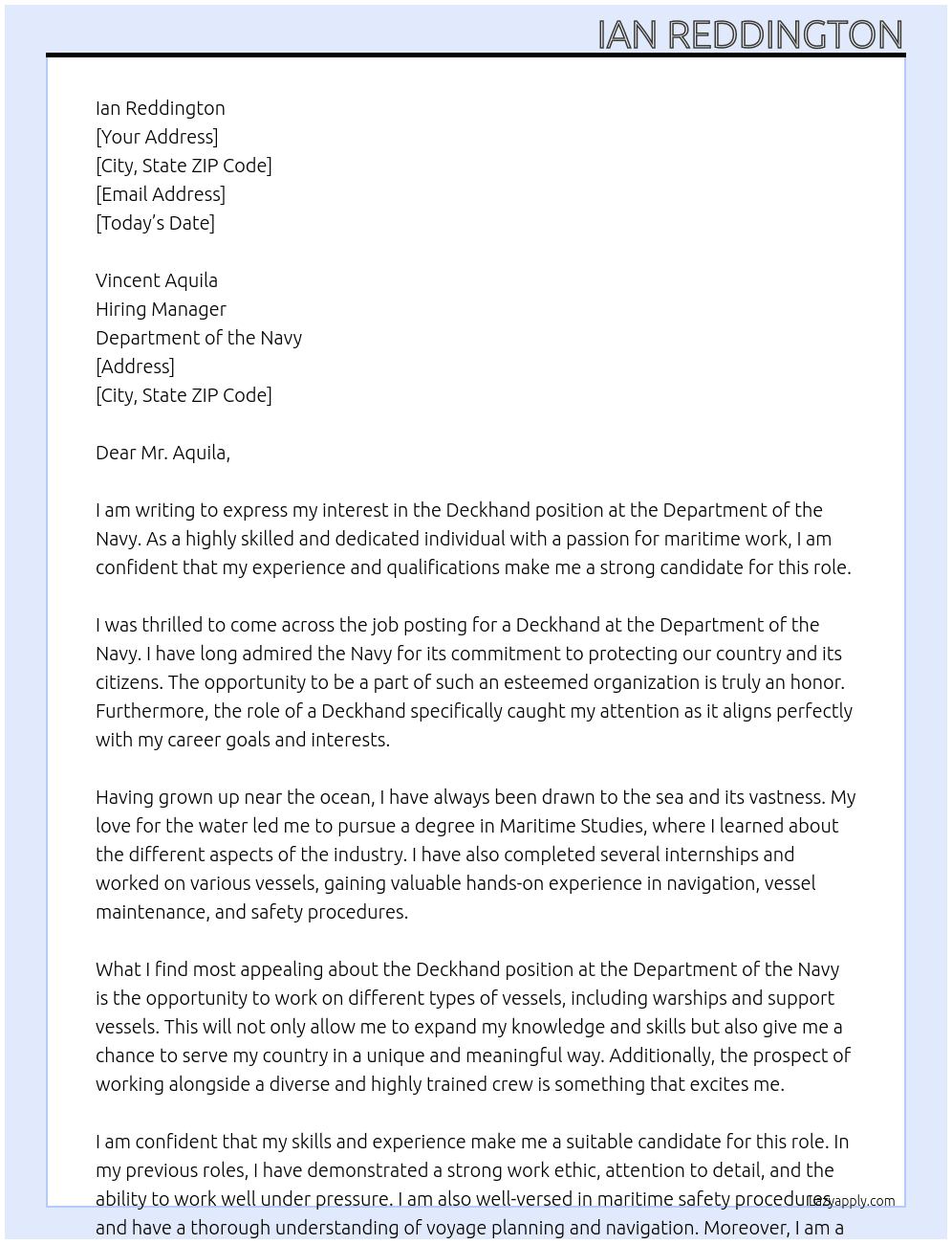 Deckhand At Department of the Navy Cover Letter