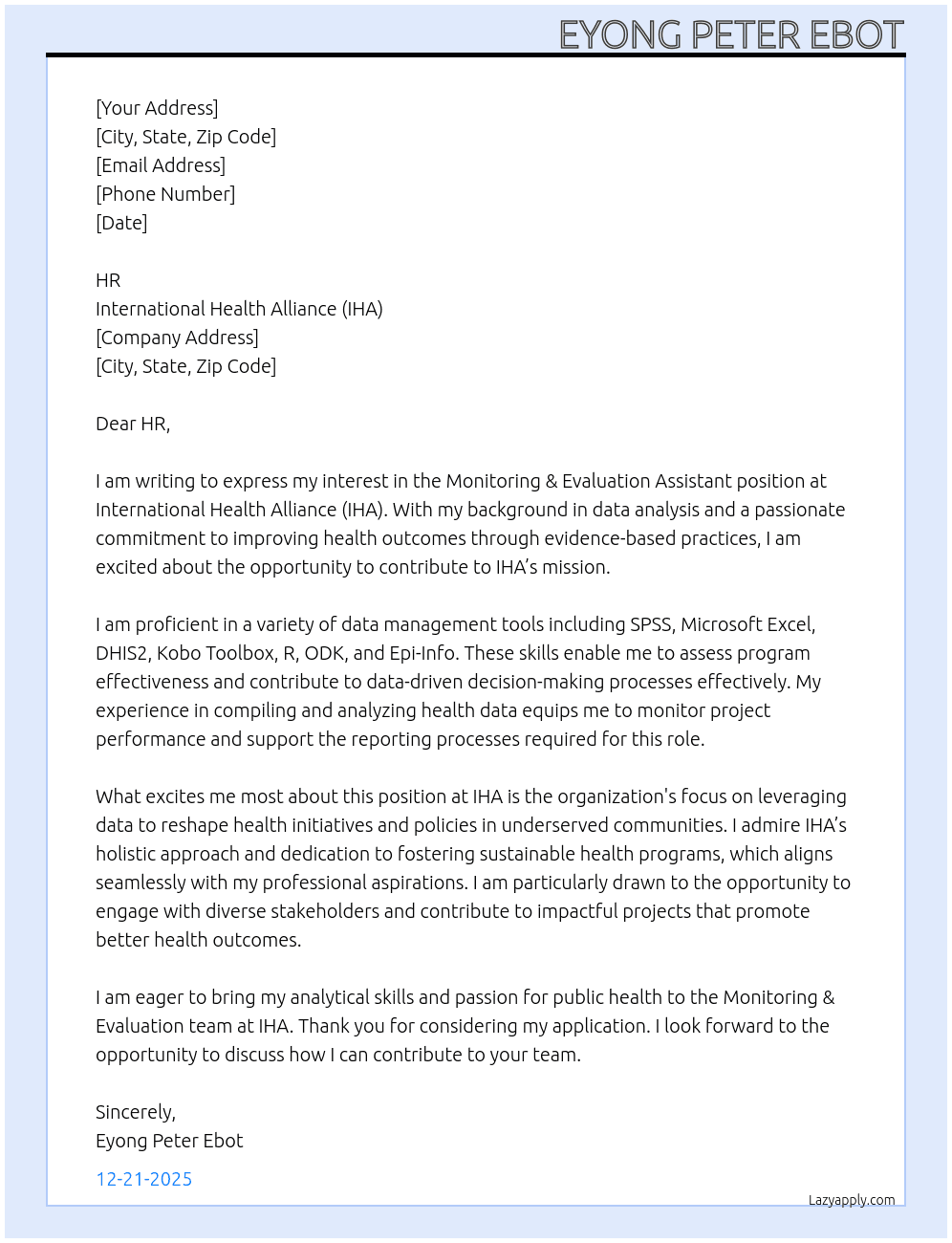 Cover letter for application for the position of monitoring & evaluation assistant - LazyApply