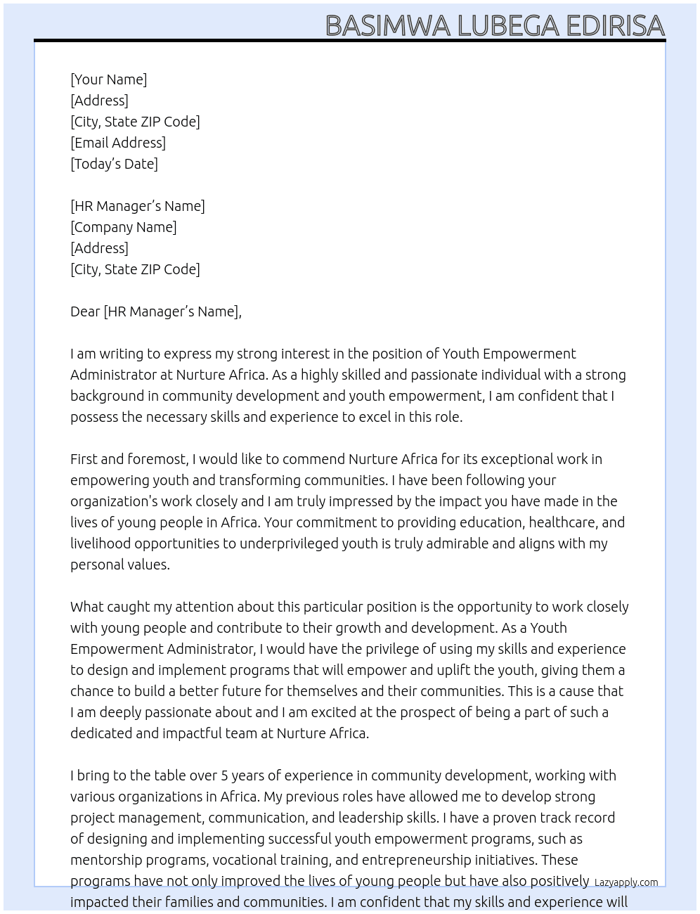 YOUTH EMPOWERMENT ADMINISTRATOR At NURTURE AFRICA Cover Letter