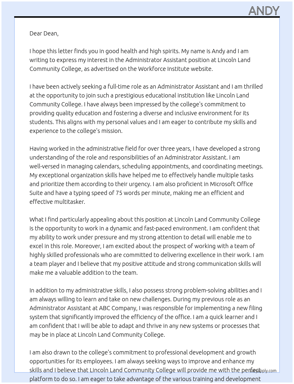 Administrator Assistant At Lincoln Land Community College Cover Letter
