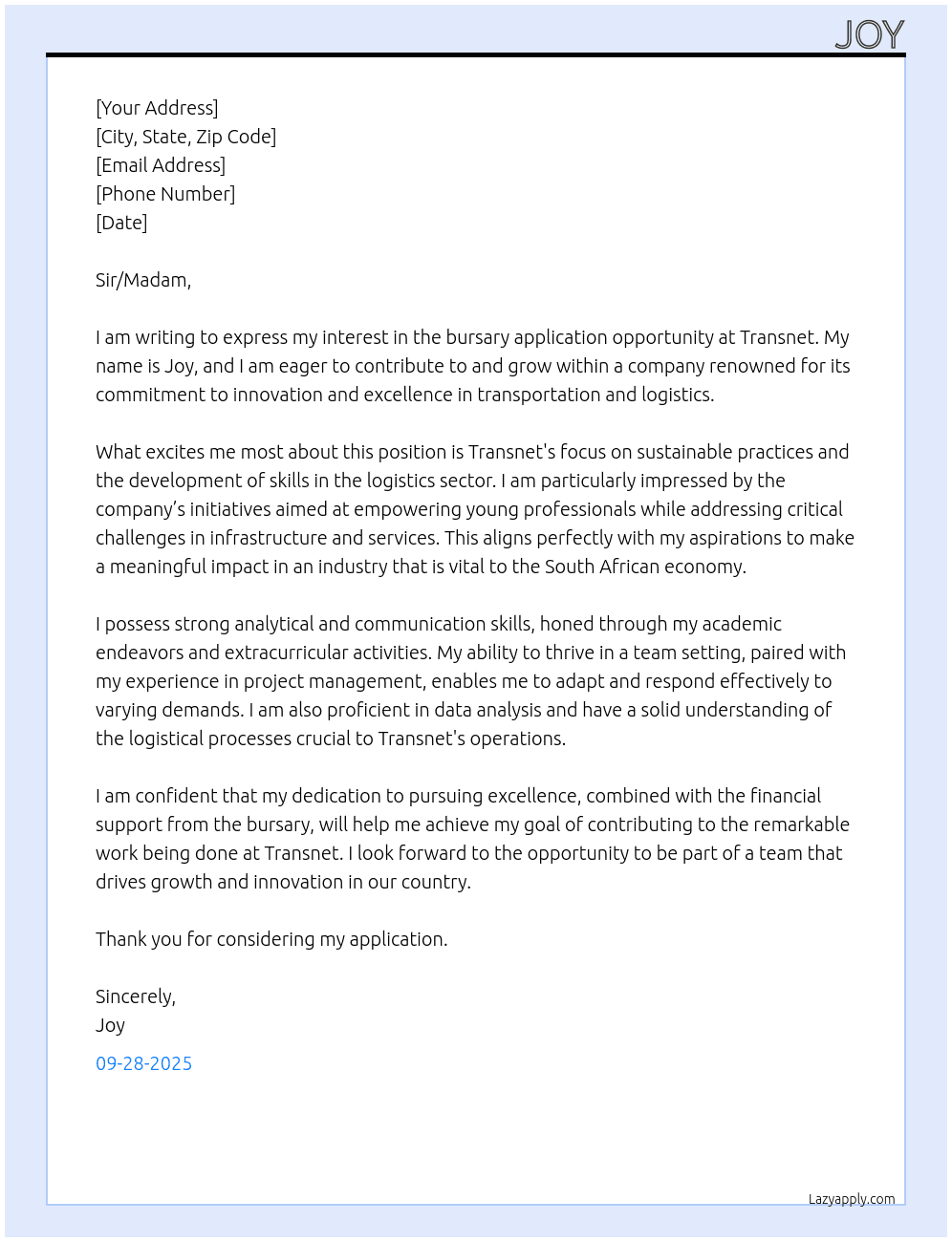Bursary application At Transnet Cover Letter