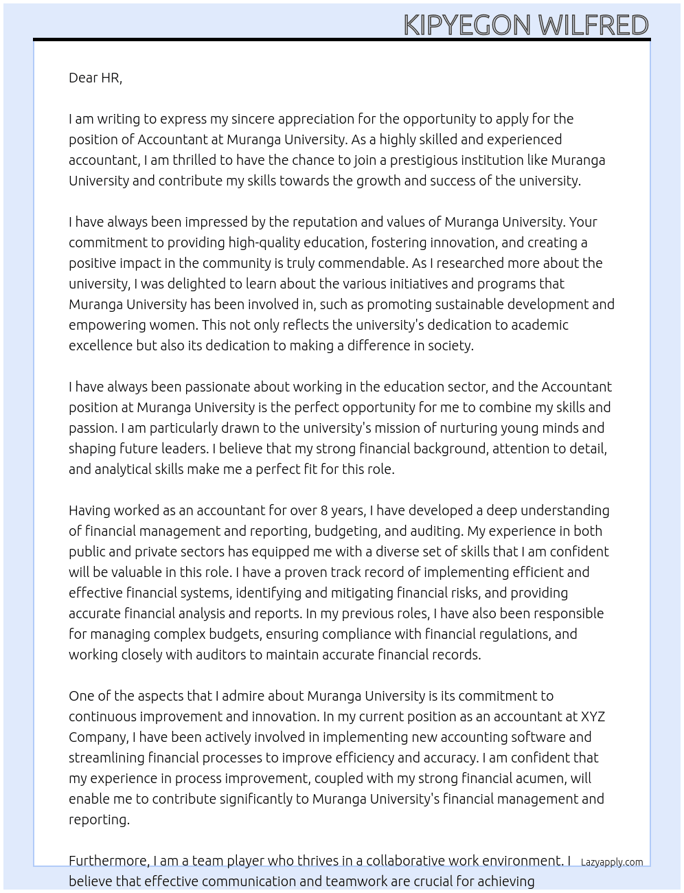 accountant At muranga university Cover Letter