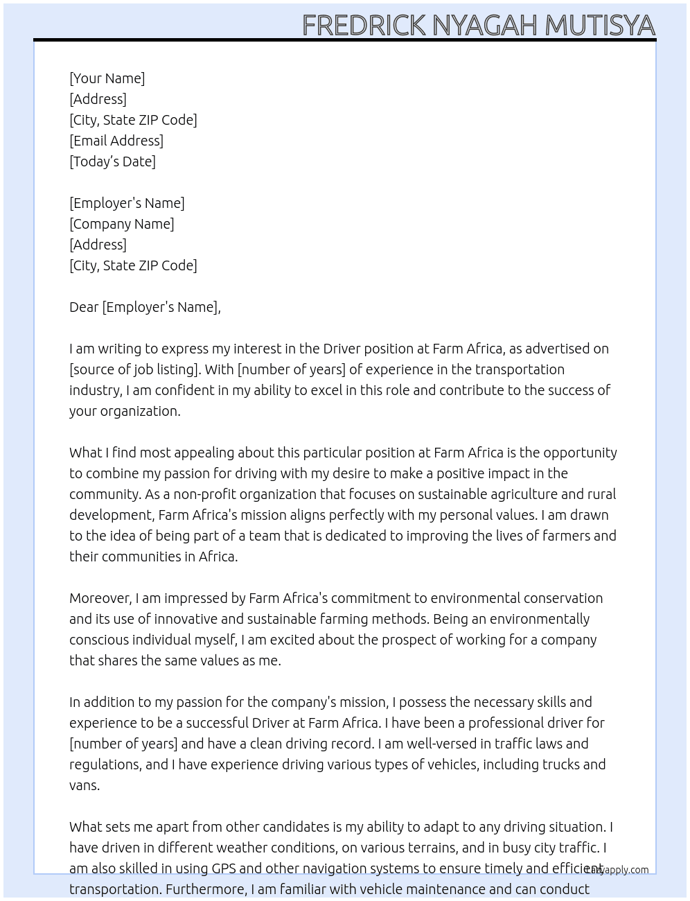 driver At farm africa Cover Letter