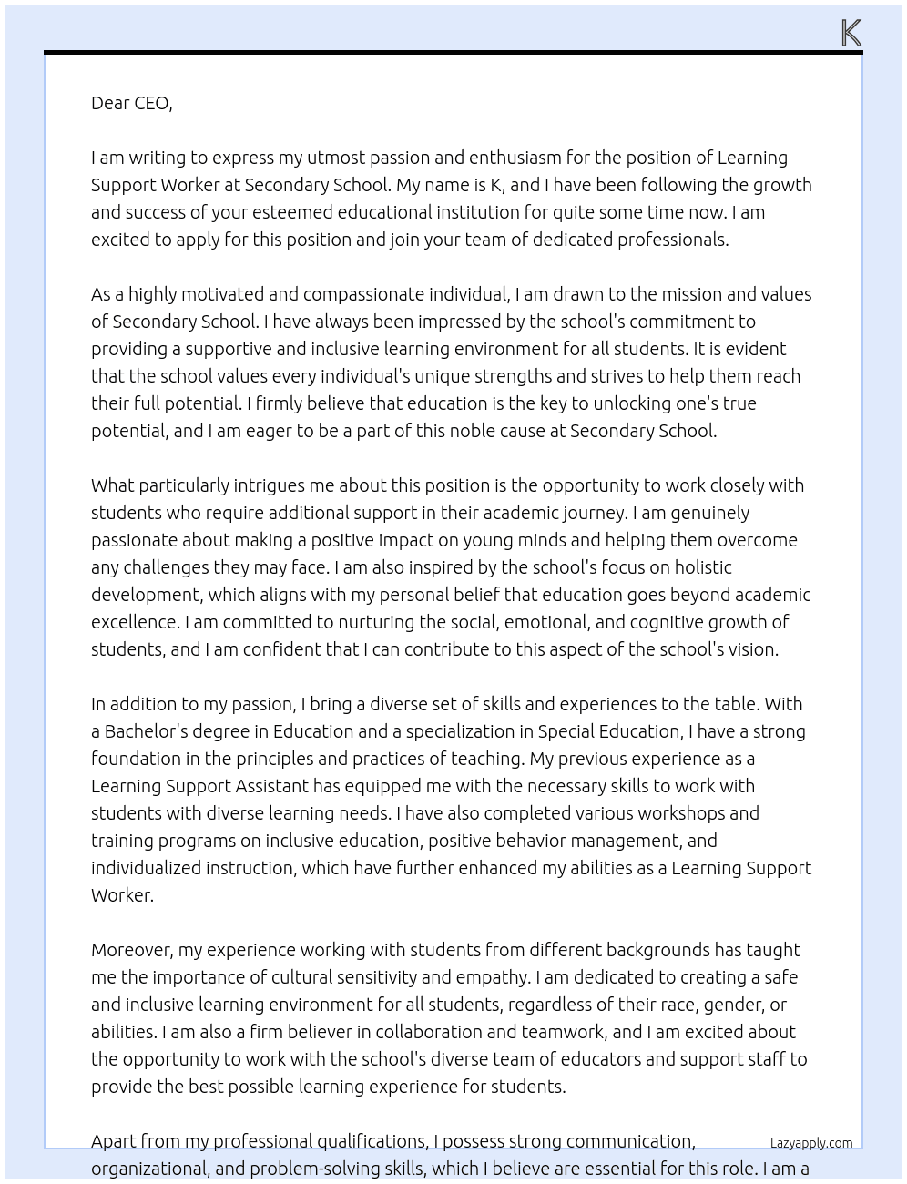 Learning support worker  At Secondary school  Cover Letter