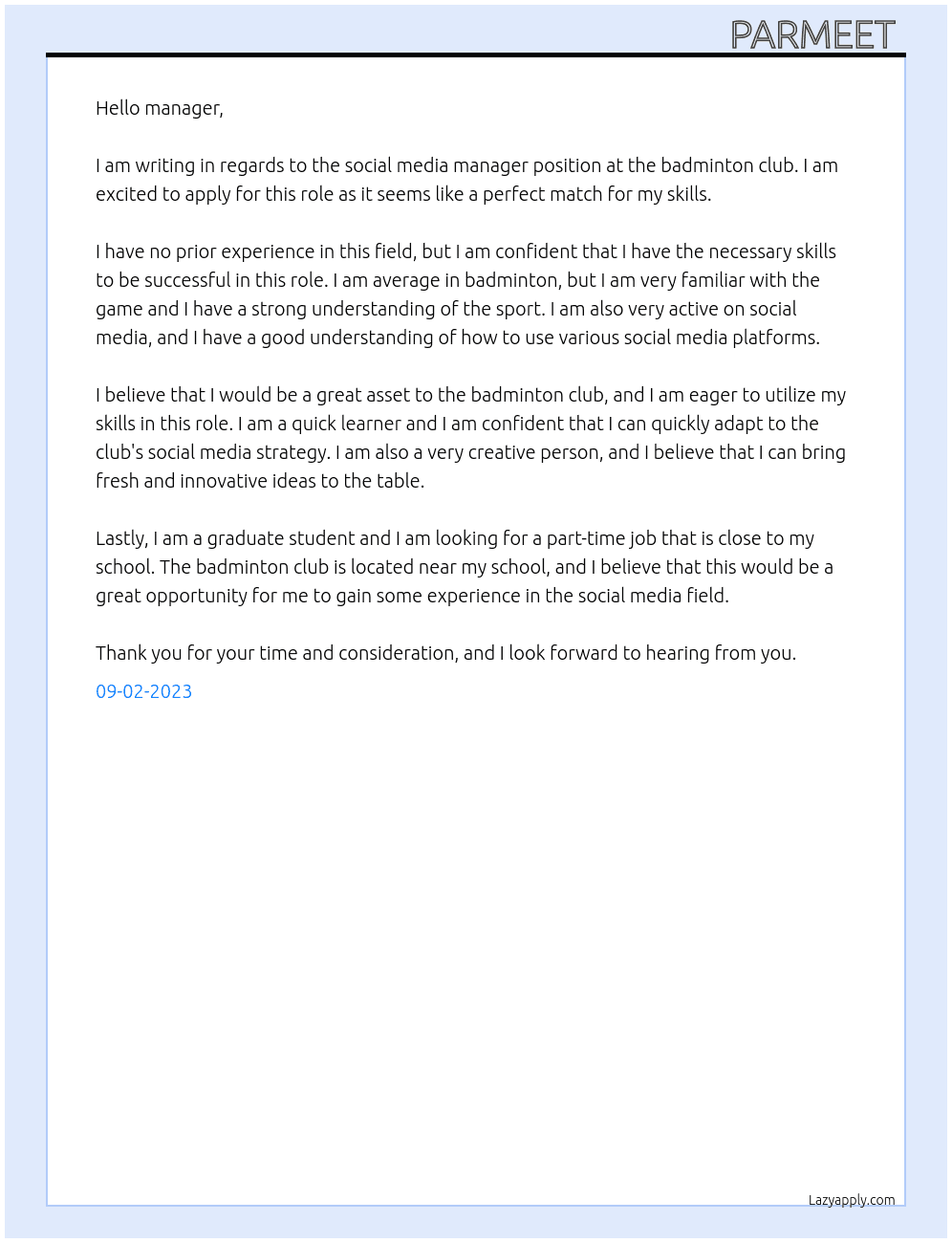 social media manager  At badminton club Cover Letter