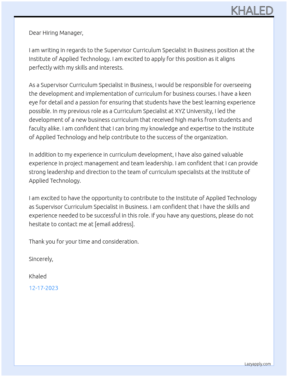 Supervisor Curriculum Specialist in Business At Institute of applied technology  Cover Letter
