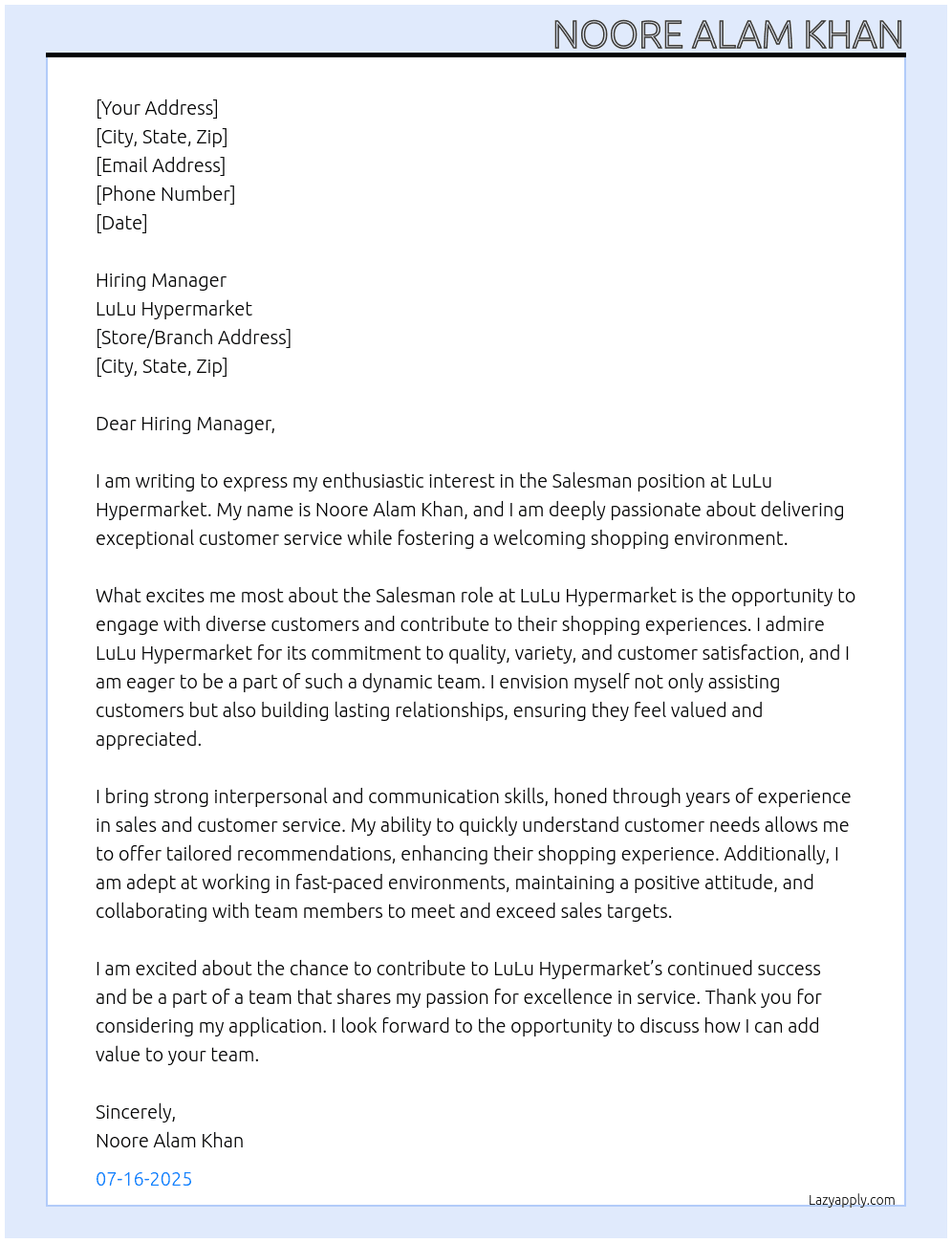 Salesman  At Lulu hypermarket Cover Letter