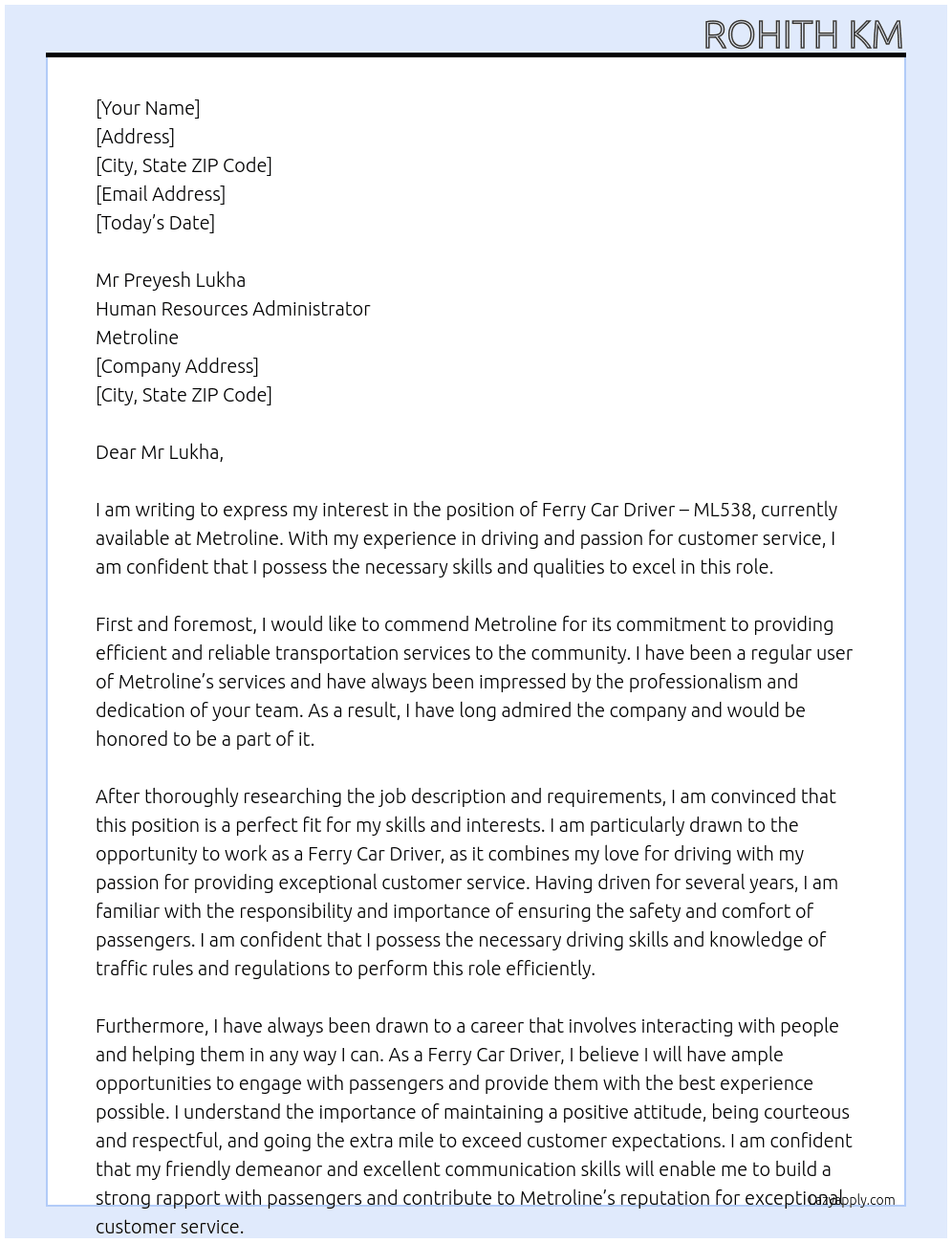 Ferry Car Driver – ML538 At Metroline Cover Letter
