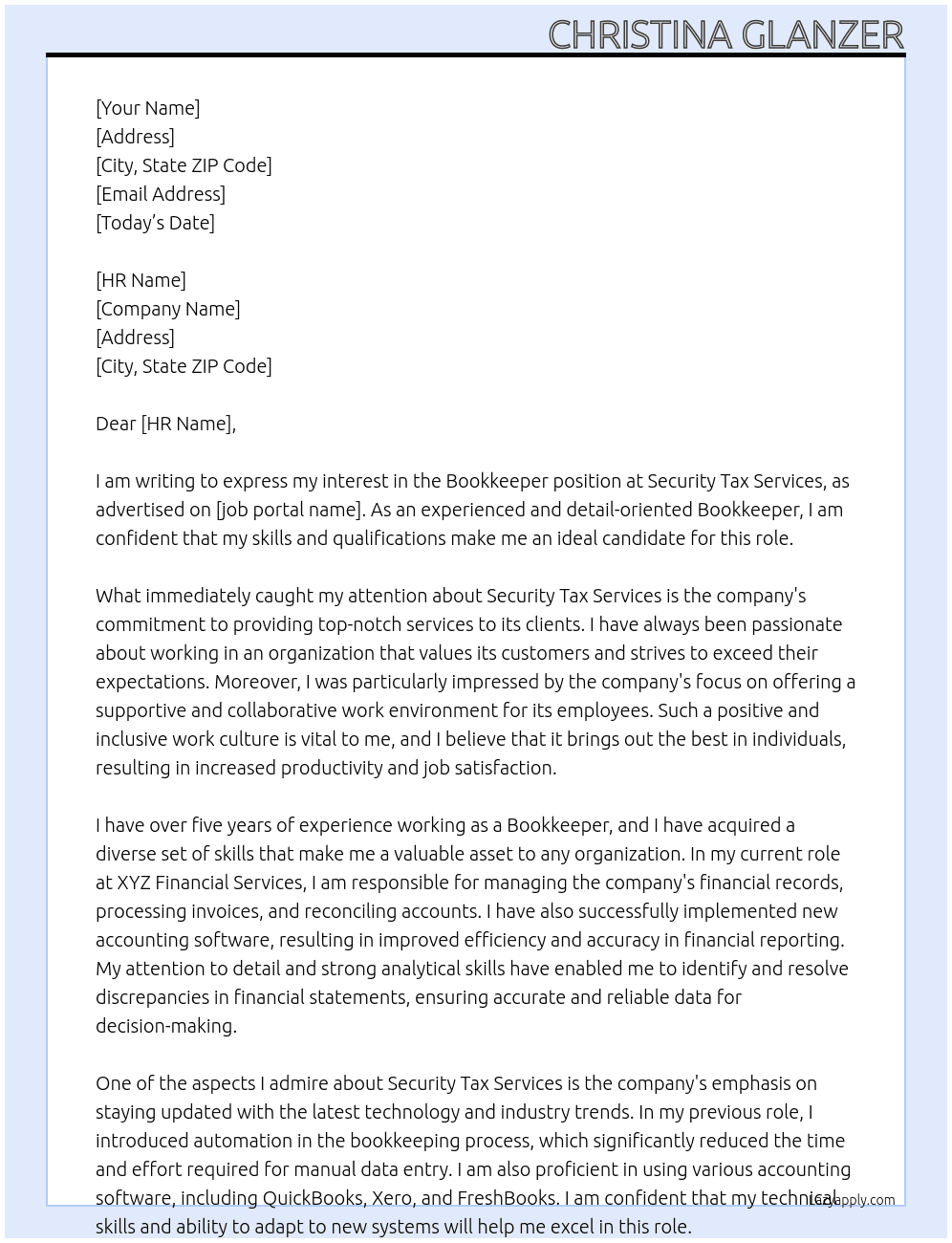 Bookkeeper At Security tax services Cover Letter