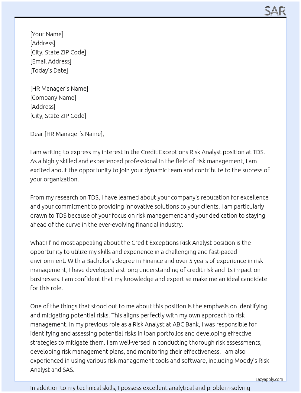 Credit Exceptions Risk Analyst At TDS Cover Letter