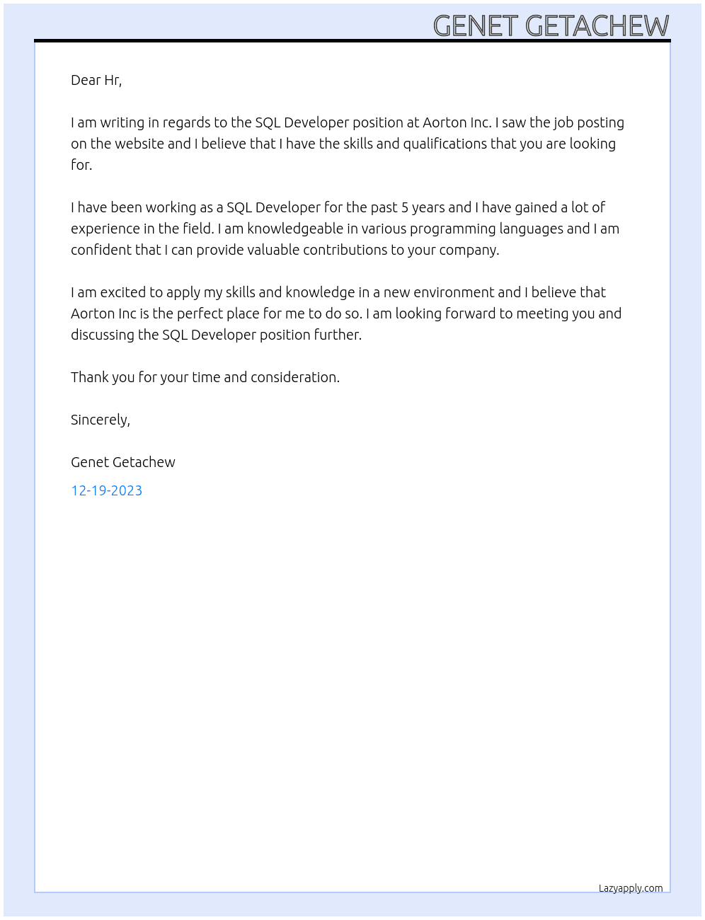  SQL Developer At Aorton Inc  Cover Letter