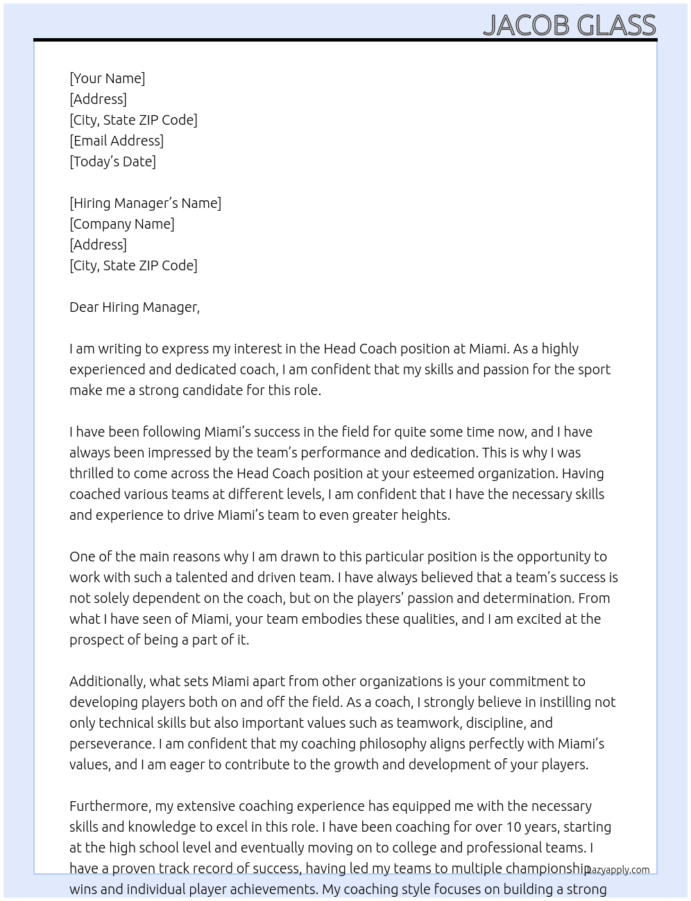 Head Coach  At Miami  Cover Letter