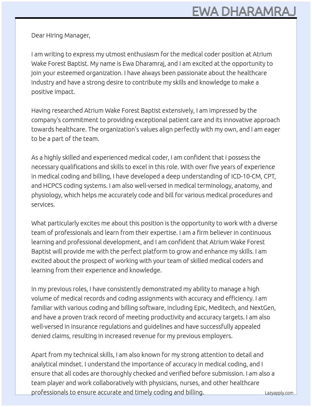 medical coder At Atrium Wake Forest Baptist Cover Letter