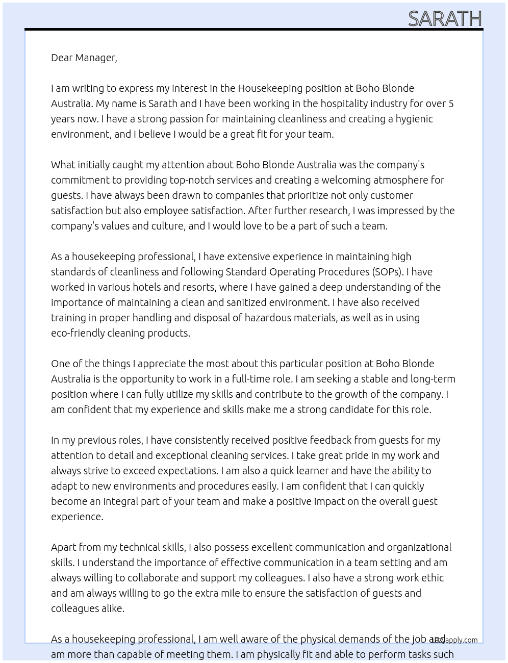 HOUSEKEEPING  JOB At Boho Blonde Australia Cover Letter