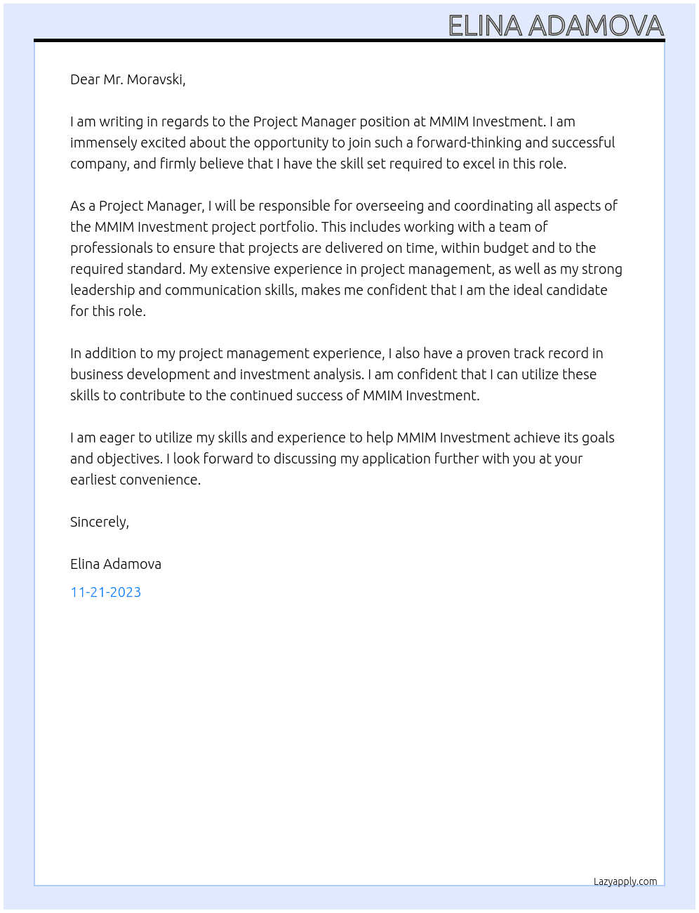 Project manager  At MMIM Investment  Cover Letter