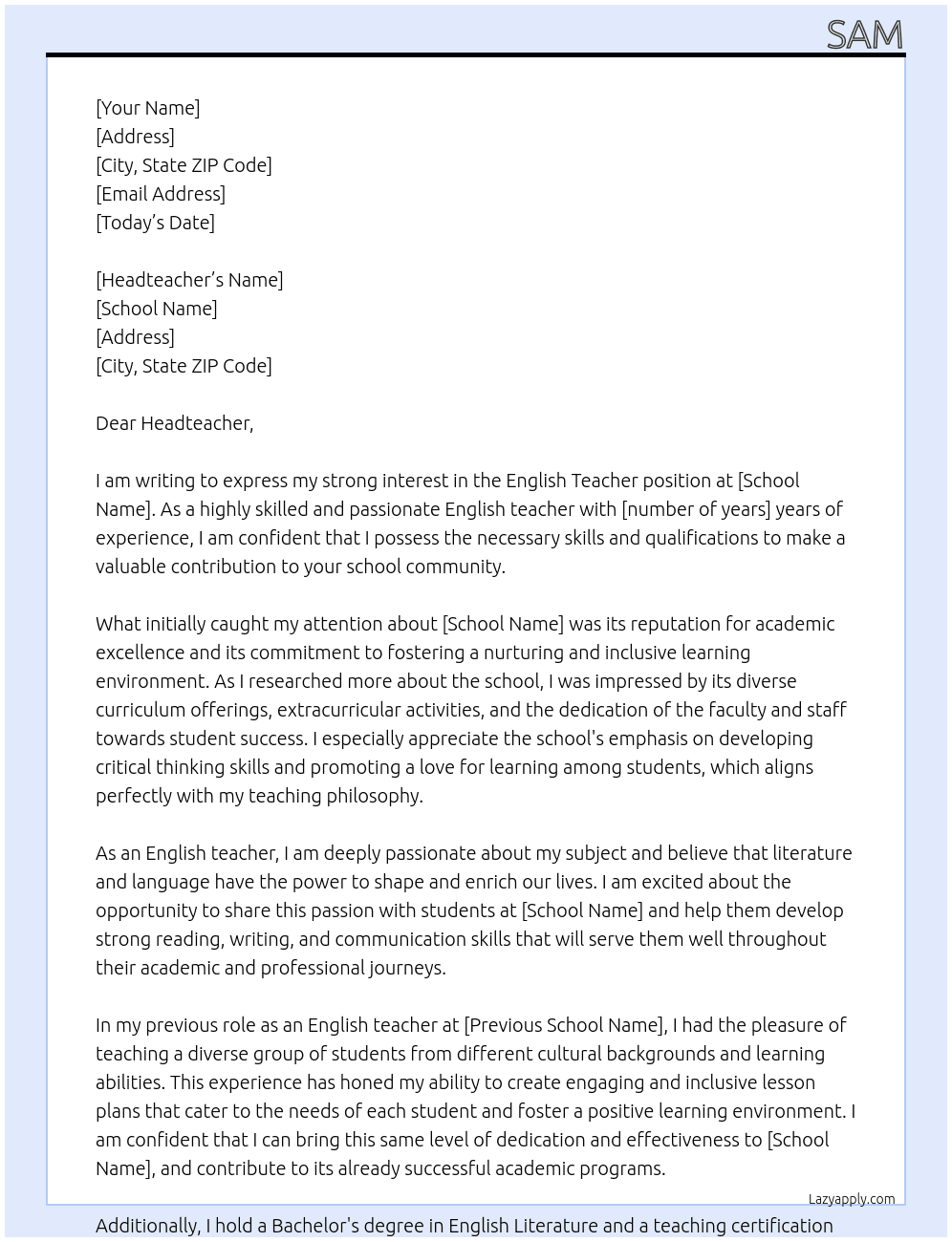 English Teacher At school Cover Letter