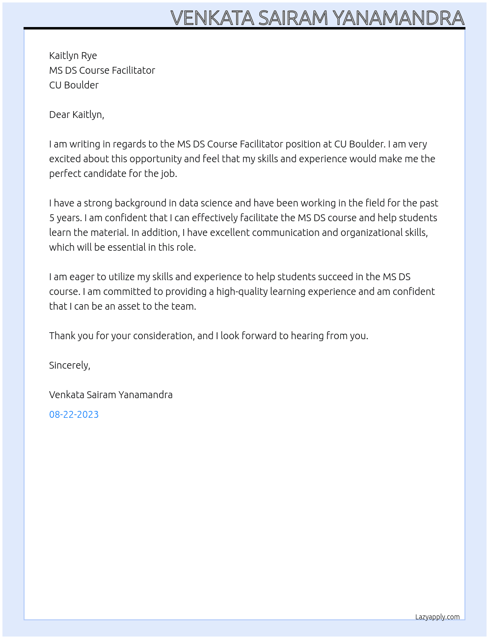 MS DS Course Facilitator At CU Boulder Cover Letter