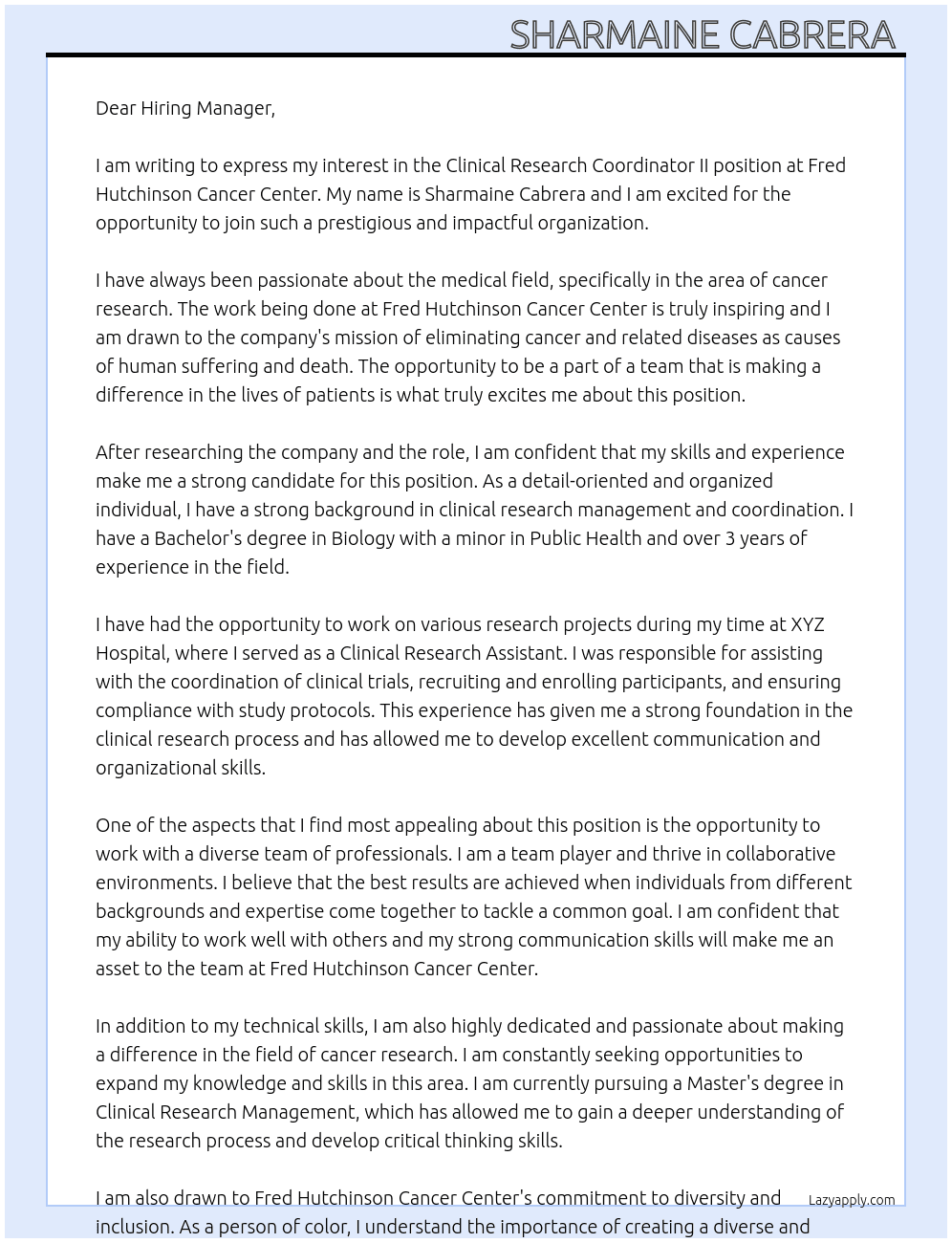 Clinical research coordinator ll At Fred Hutchinson Cancer Center  Cover Letter