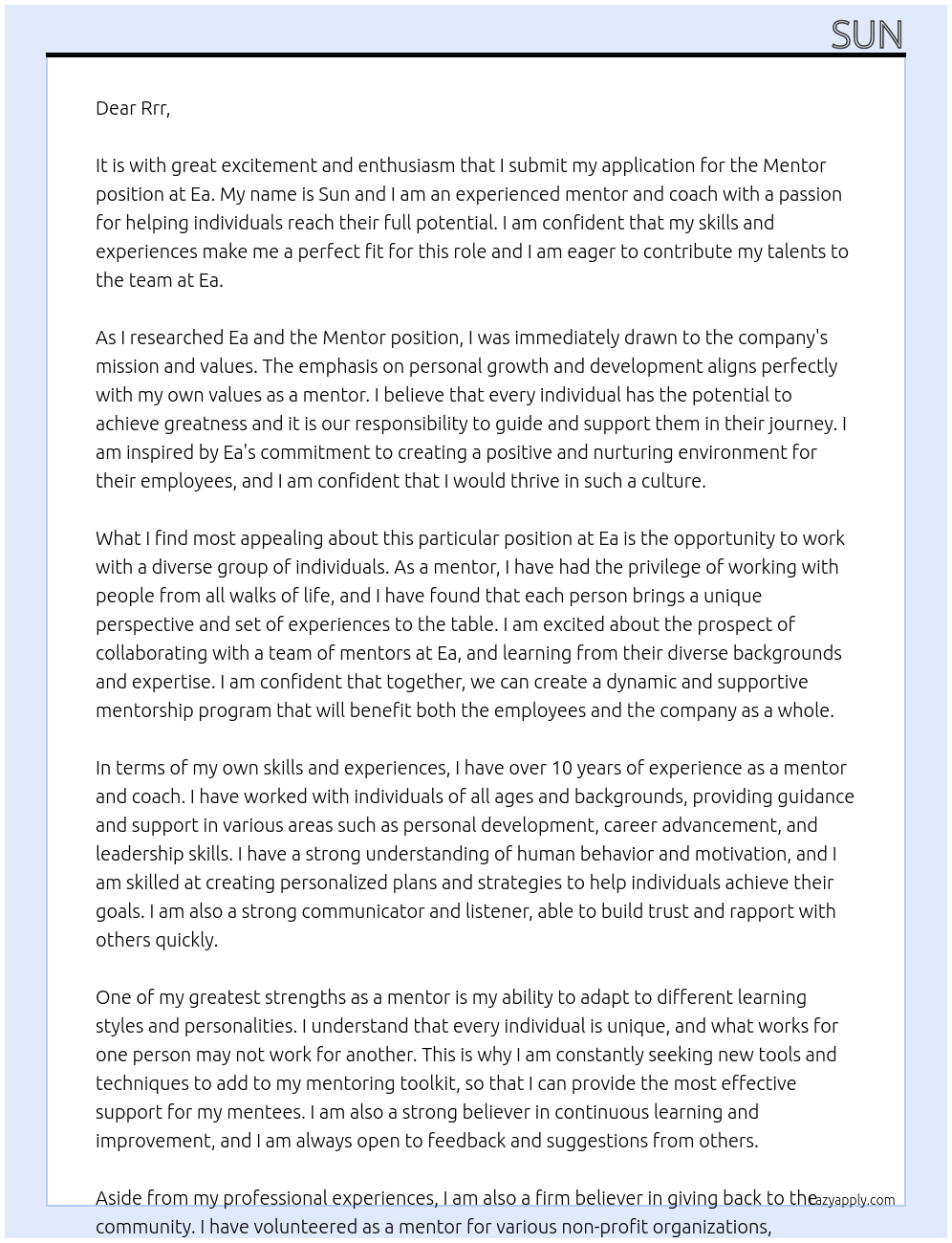 Mentor  At Ea Cover Letter