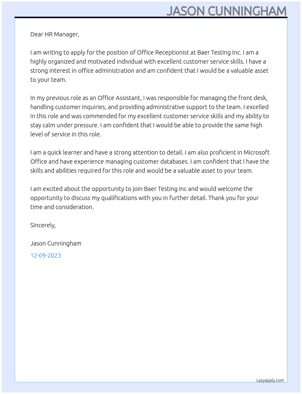 Office Receptionist At Baer Testing Inc Cover Letter