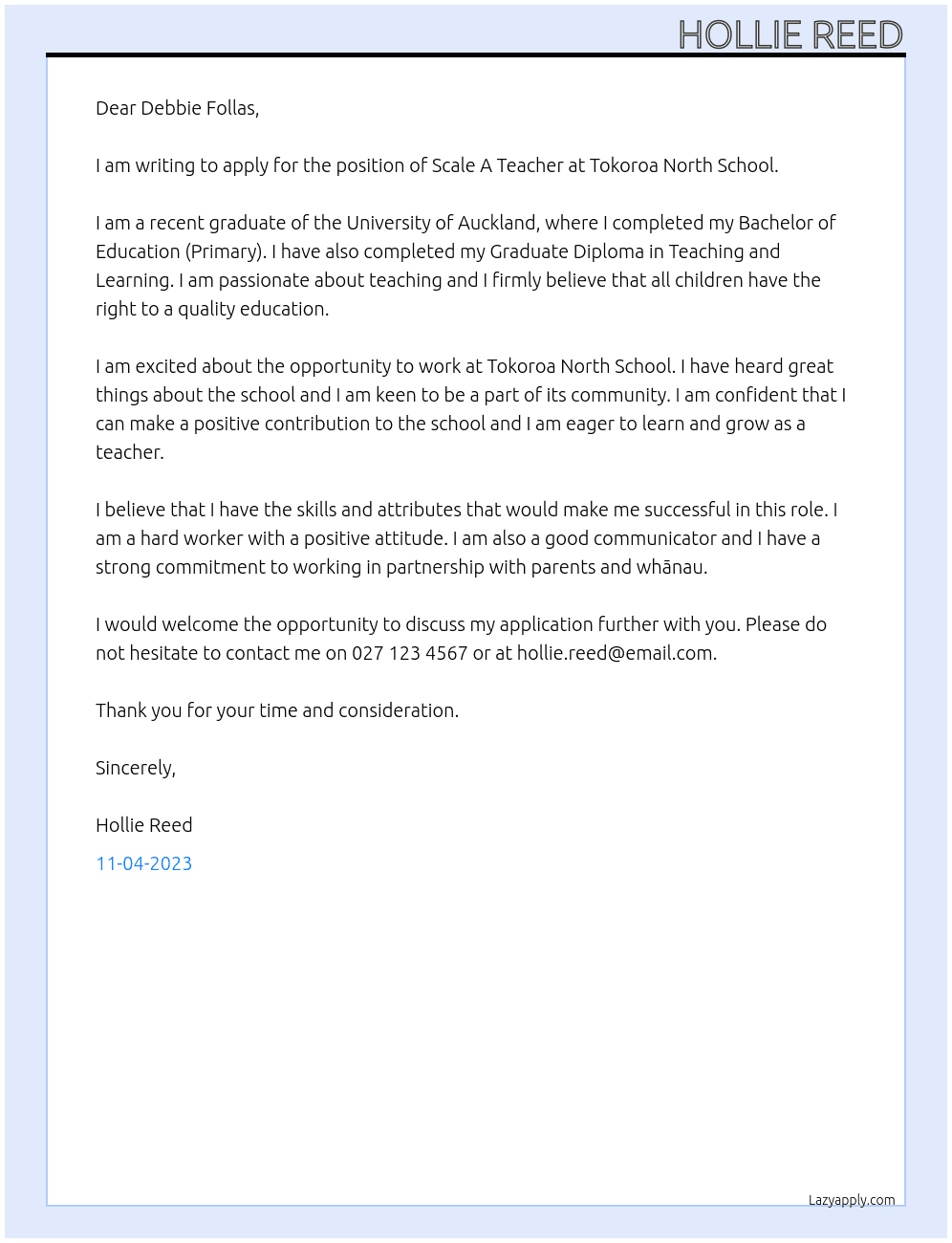 Scale A Teacher At Tokoroa North School Cover Letter