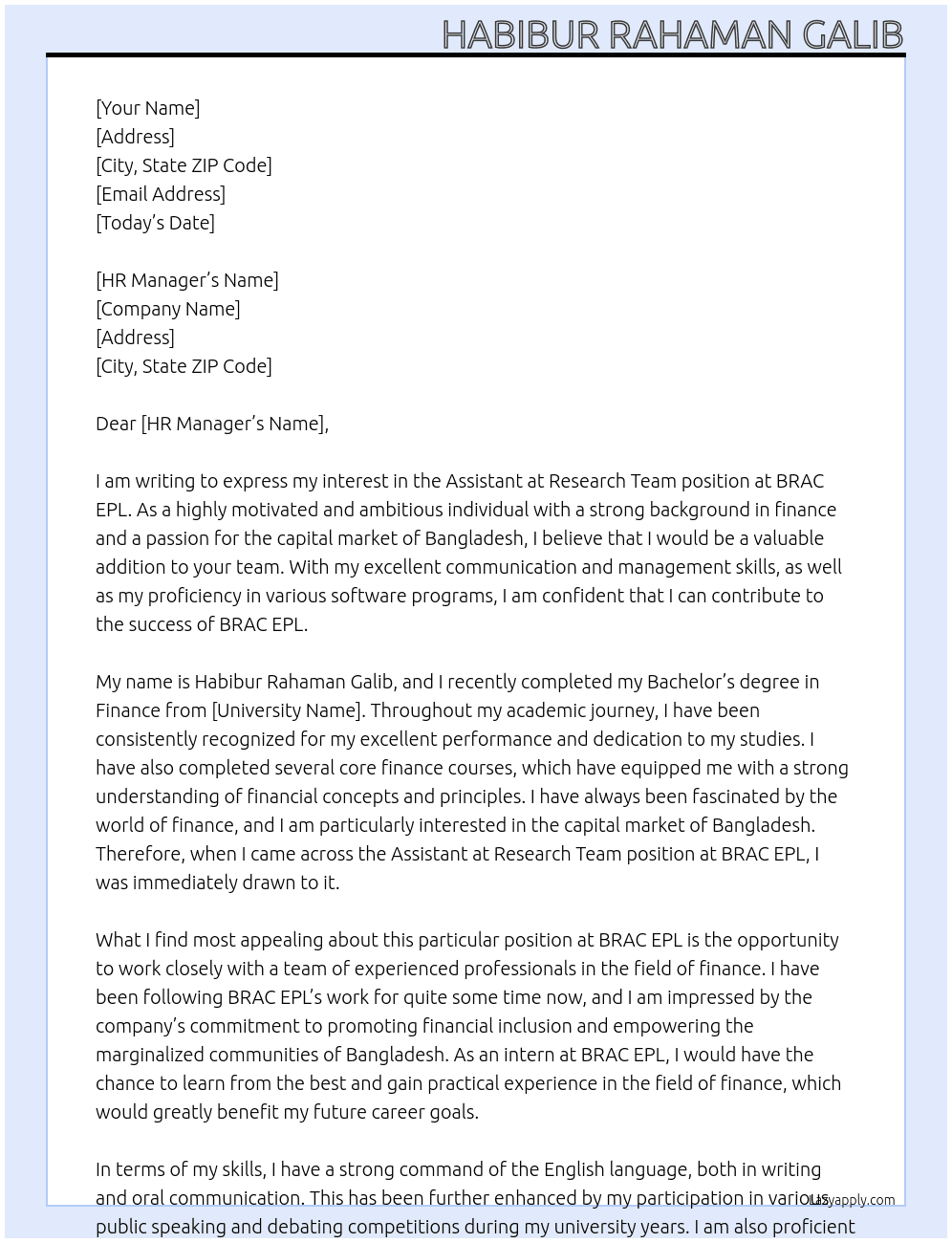 Assistant at Research Tram At BRAC EPL Cover Letter