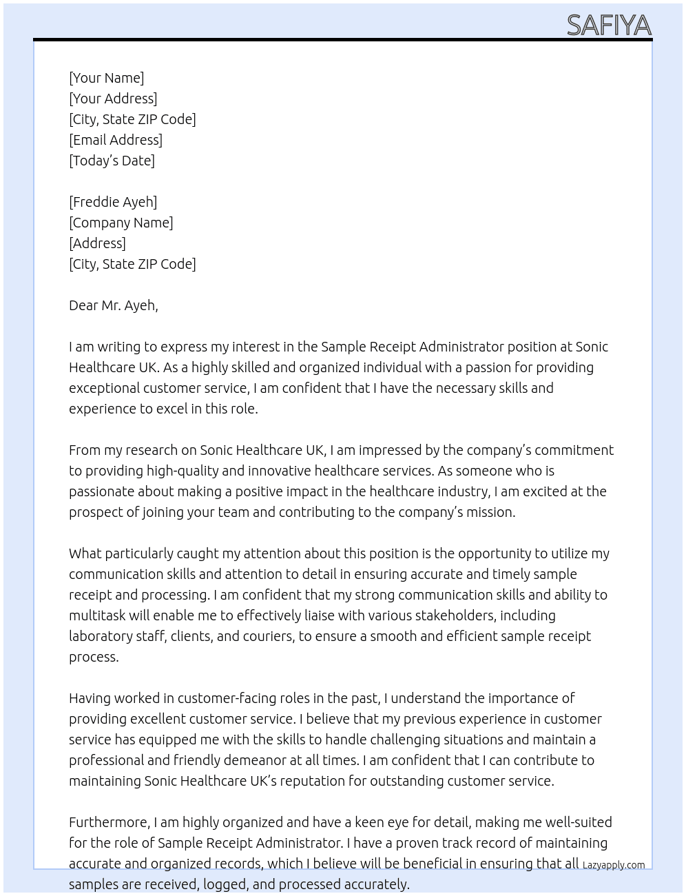  Sample Receipt Administrator At  Sonic Healthcare UK Cover Letter