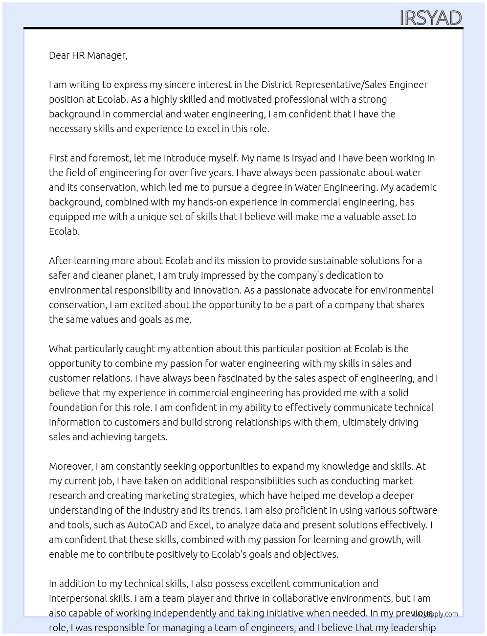 District Representative/Sales Engineer At Ecolab Cover Letter