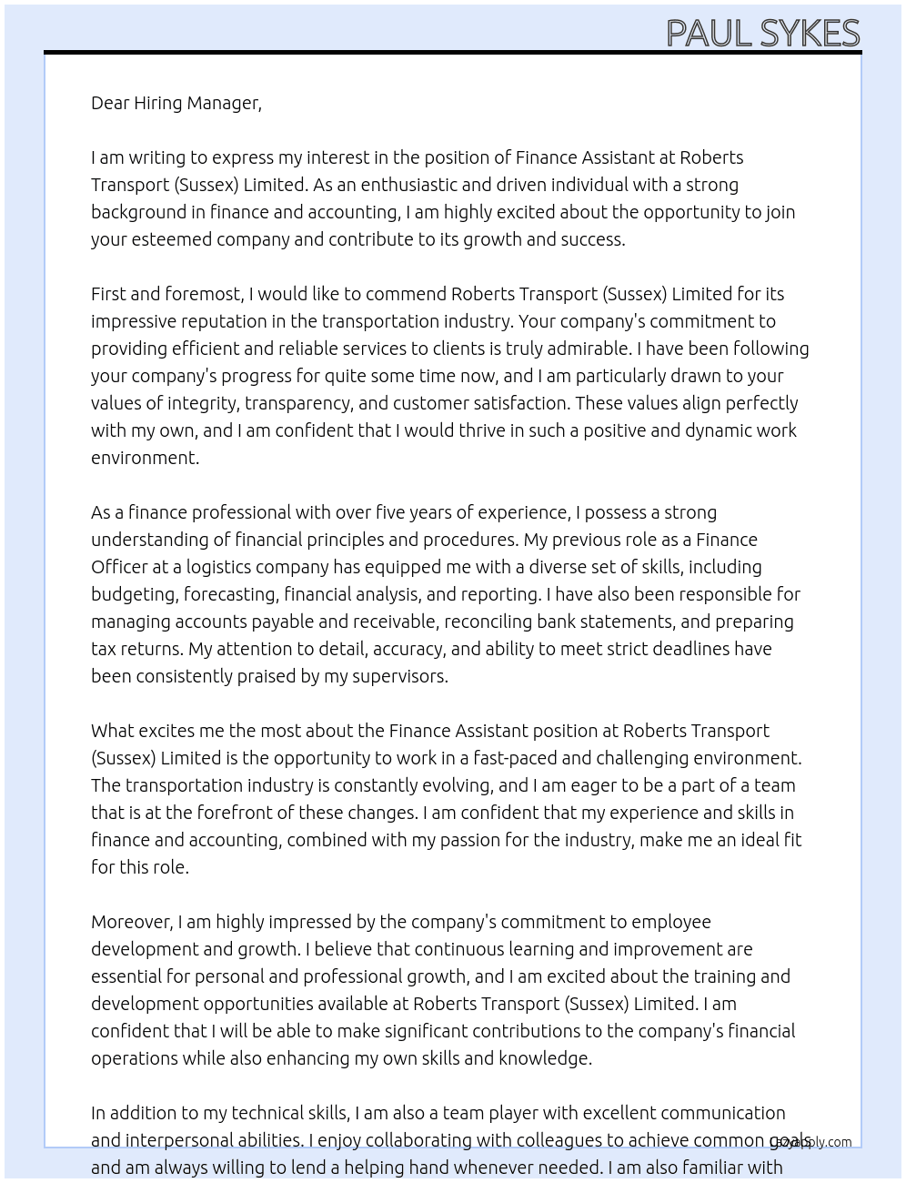 Finance Assistant At Roberts Transport (Sussex) Limited Cover Letter