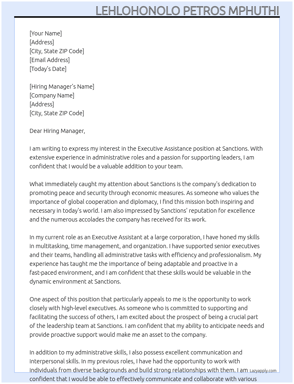 Executive Assistance  At Sanctions  Cover Letter