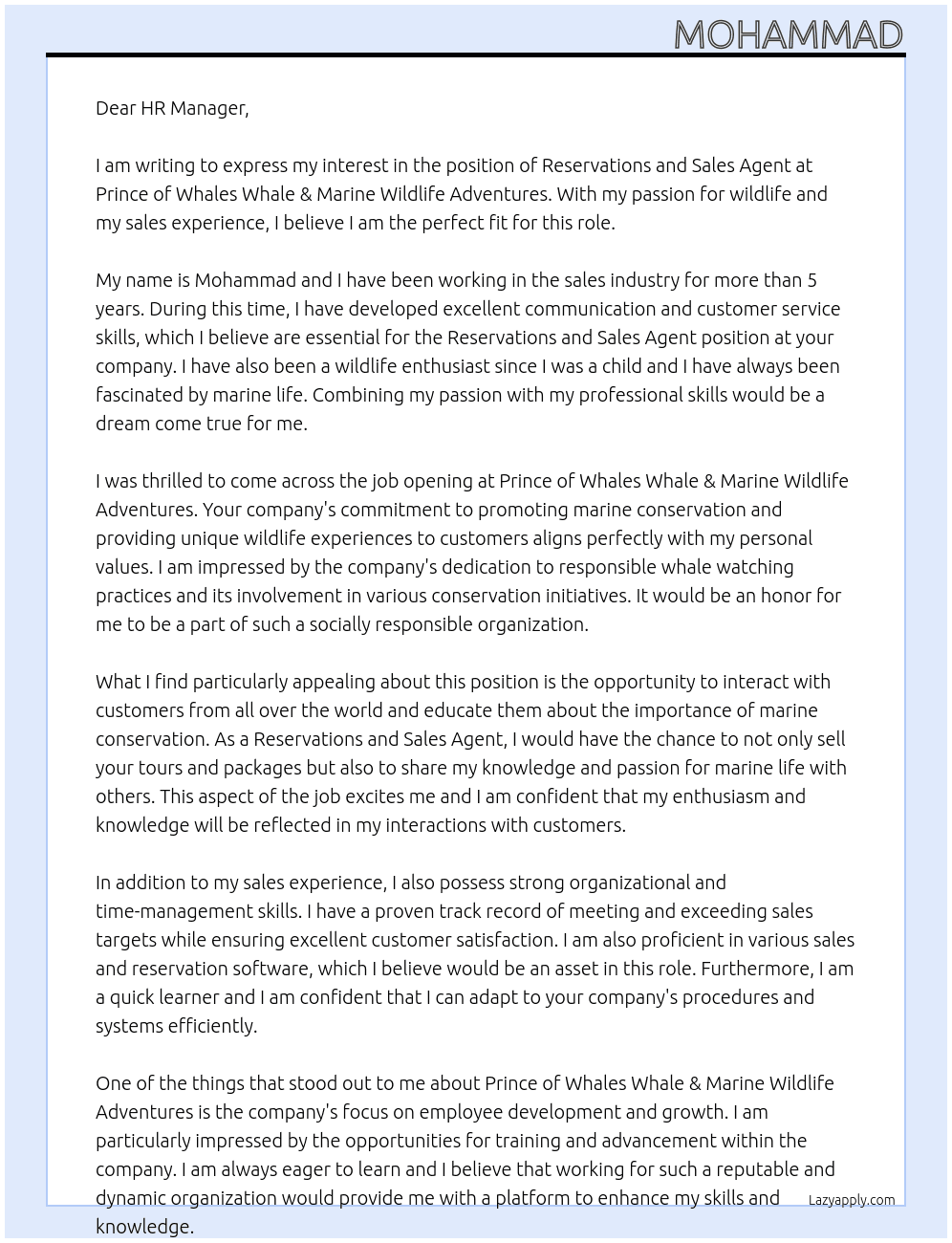Reservations and Sales Agent At Prince of Whales Whale & Marine Wildlife Adventures Cover Letter