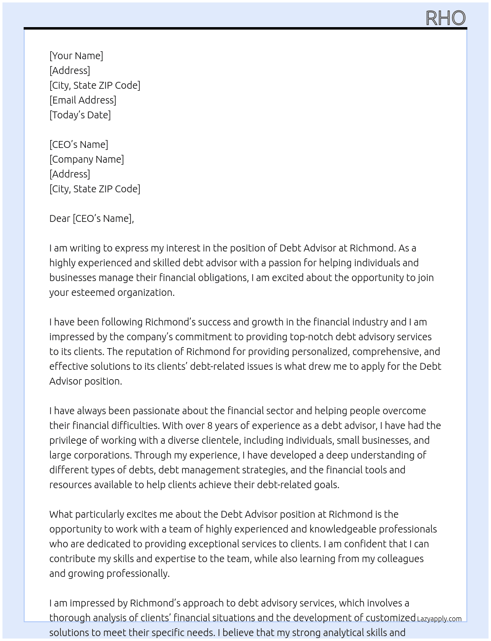 debt advisor  At richmond Cover Letter