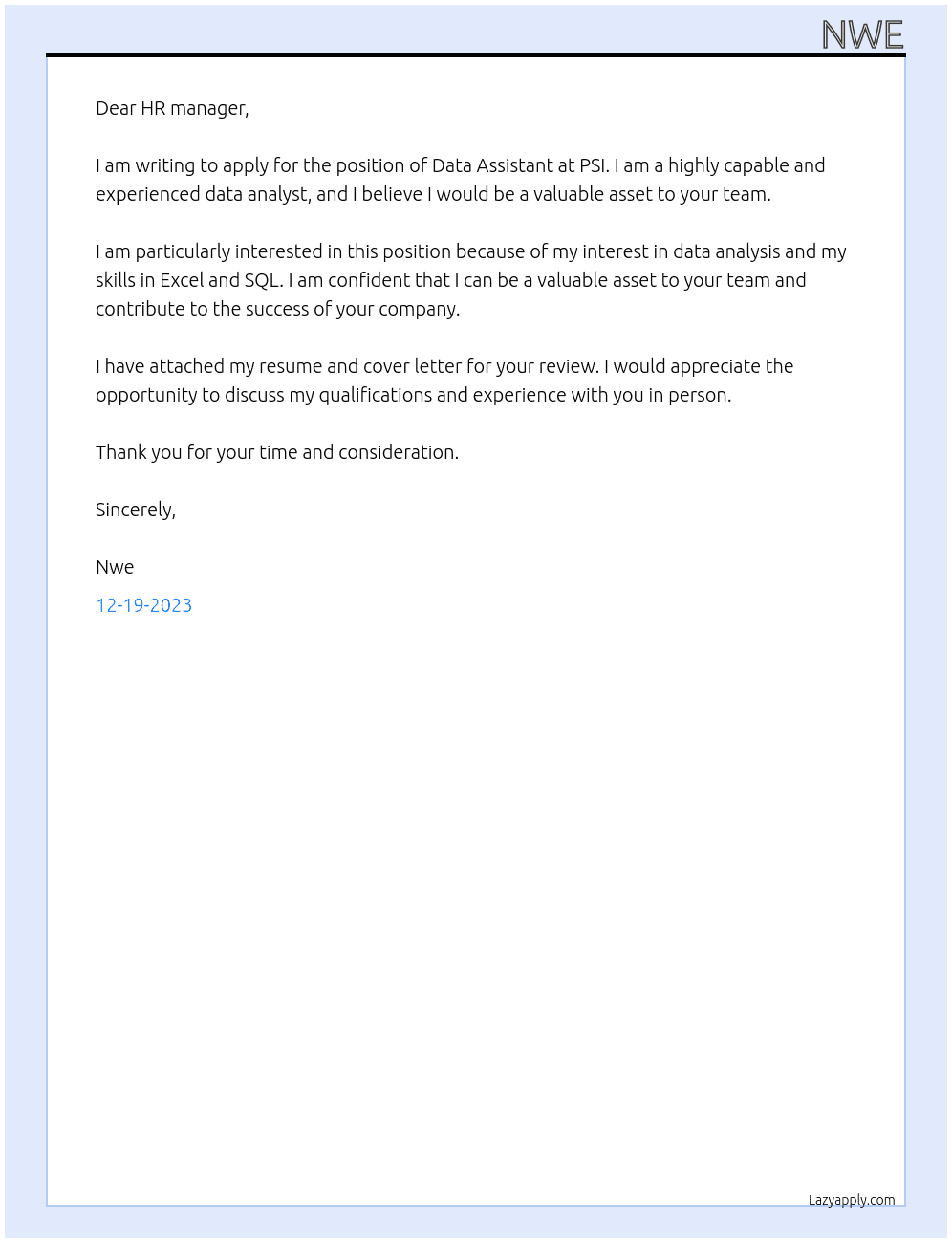 Data Assistant  At PSI Cover Letter