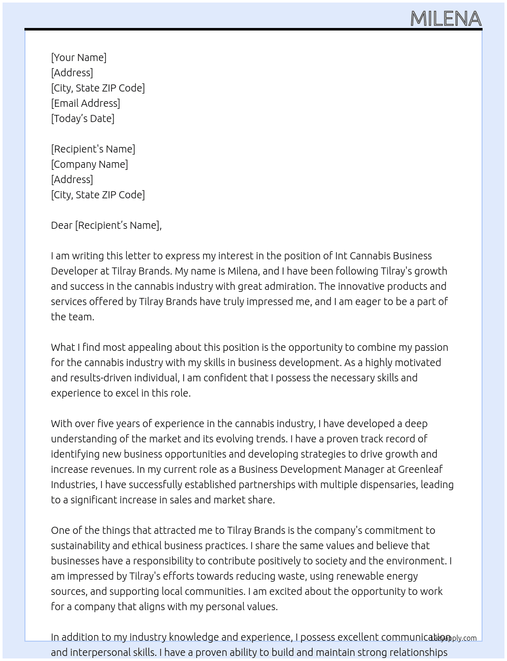 Int cannabis Business developer At Tilray Brands Cover Letter