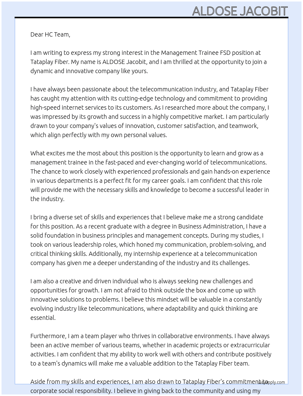 Management trainee FSD At Tataplay fiber  Cover Letter