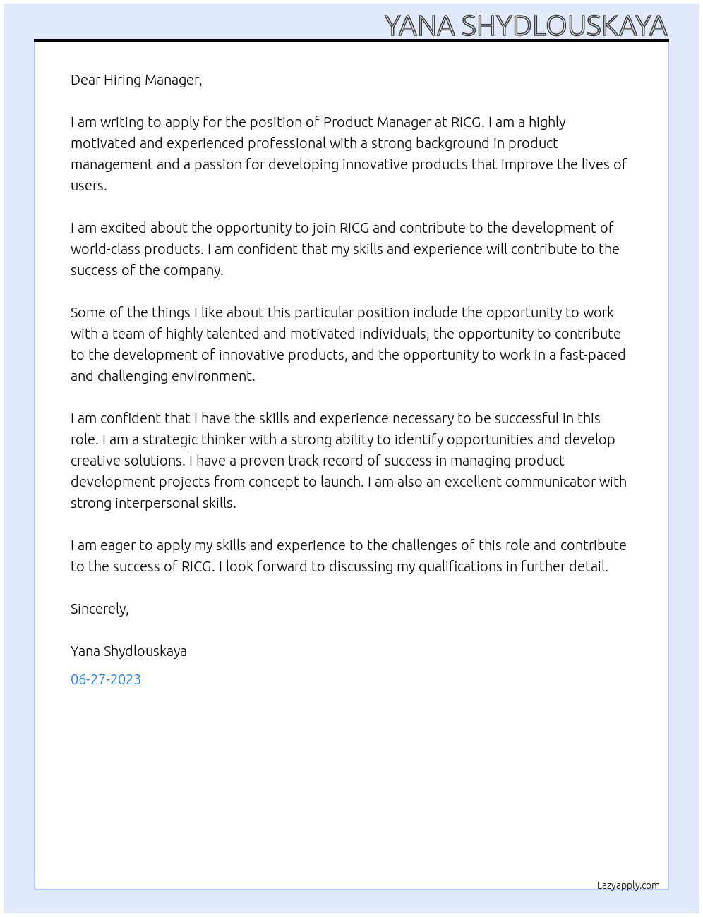 Product Manager At RICG - Recruitment International Consulting Group Sp. z o. o. Cover Letter