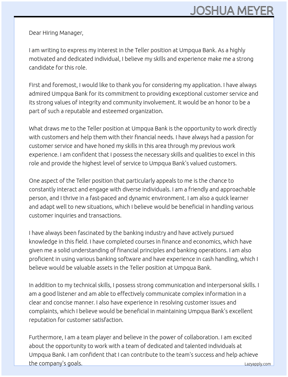 Teller At Umpqua Bank Cover Letter