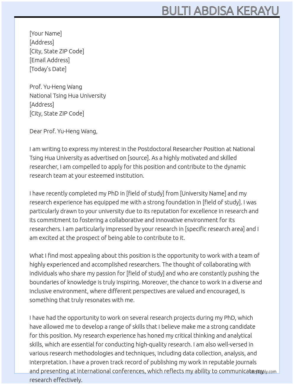 Postdoctoral Researcher Position At National Tsing Hua University Cover Letter