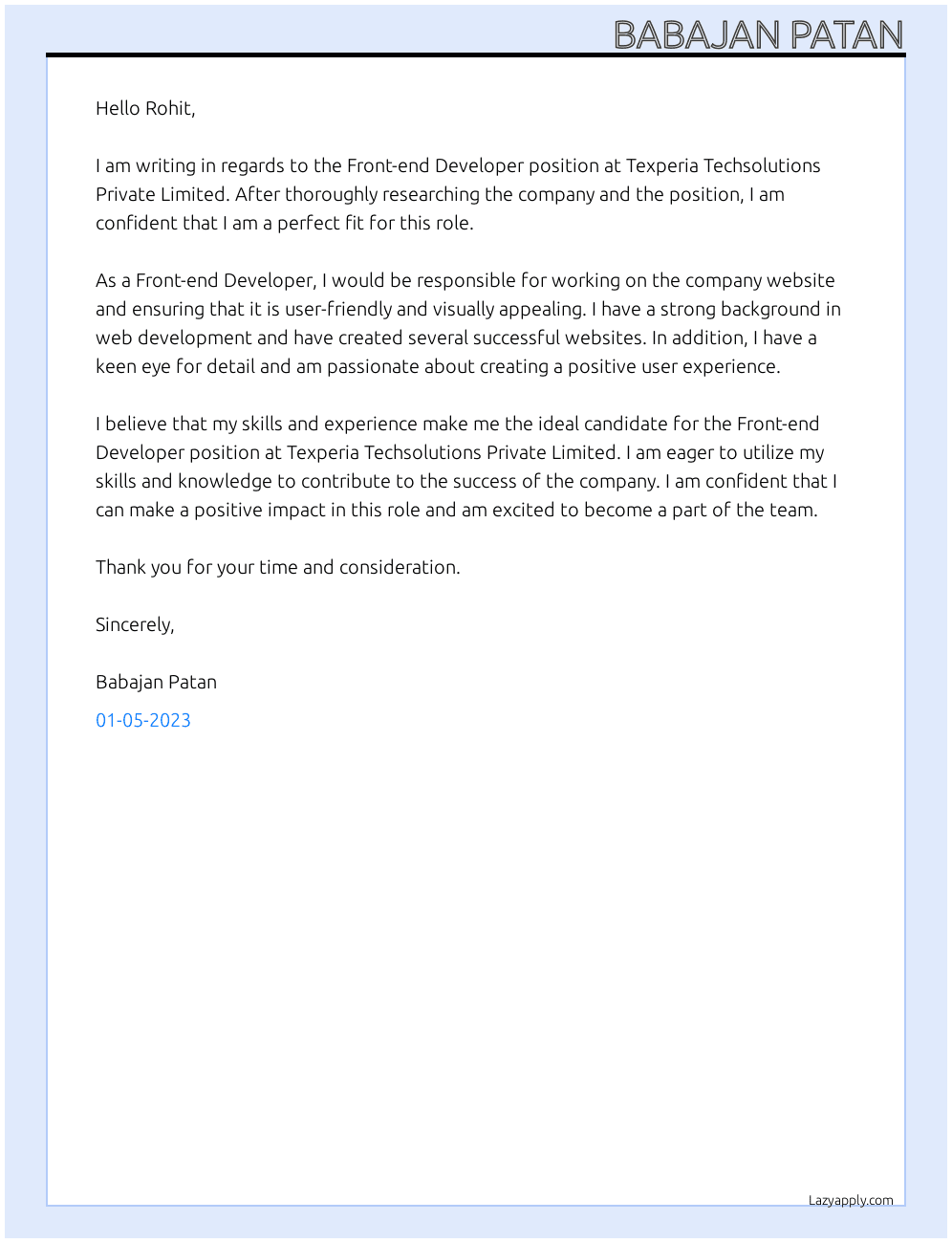Front-end Developer At Texperia Techsolutions Private Limited Cover Letter