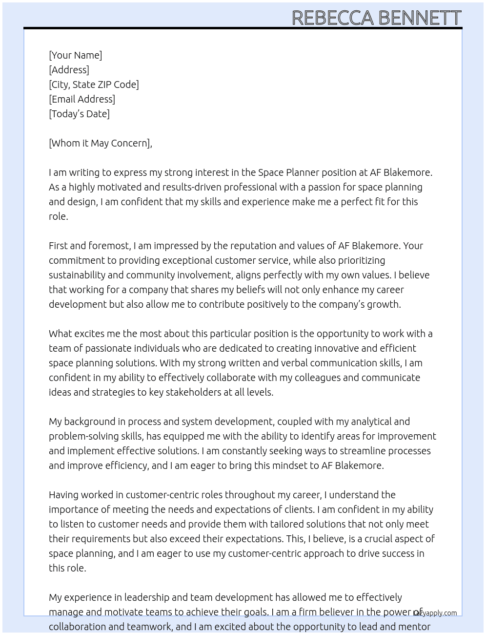 Space Planner At AF Blakmore Cover Letter
