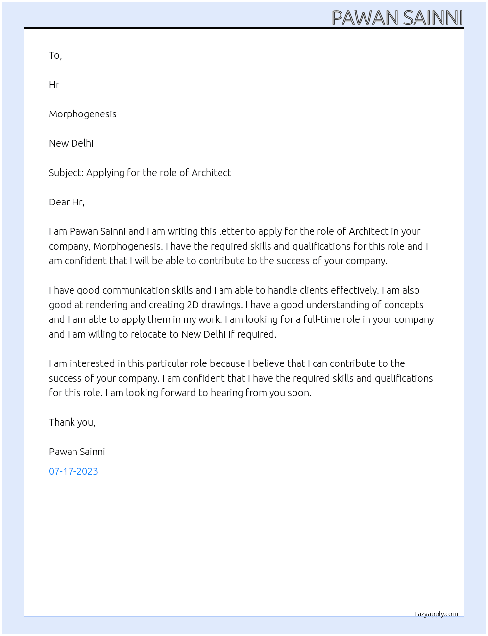 Architect At Morphogenesis Cover Letter