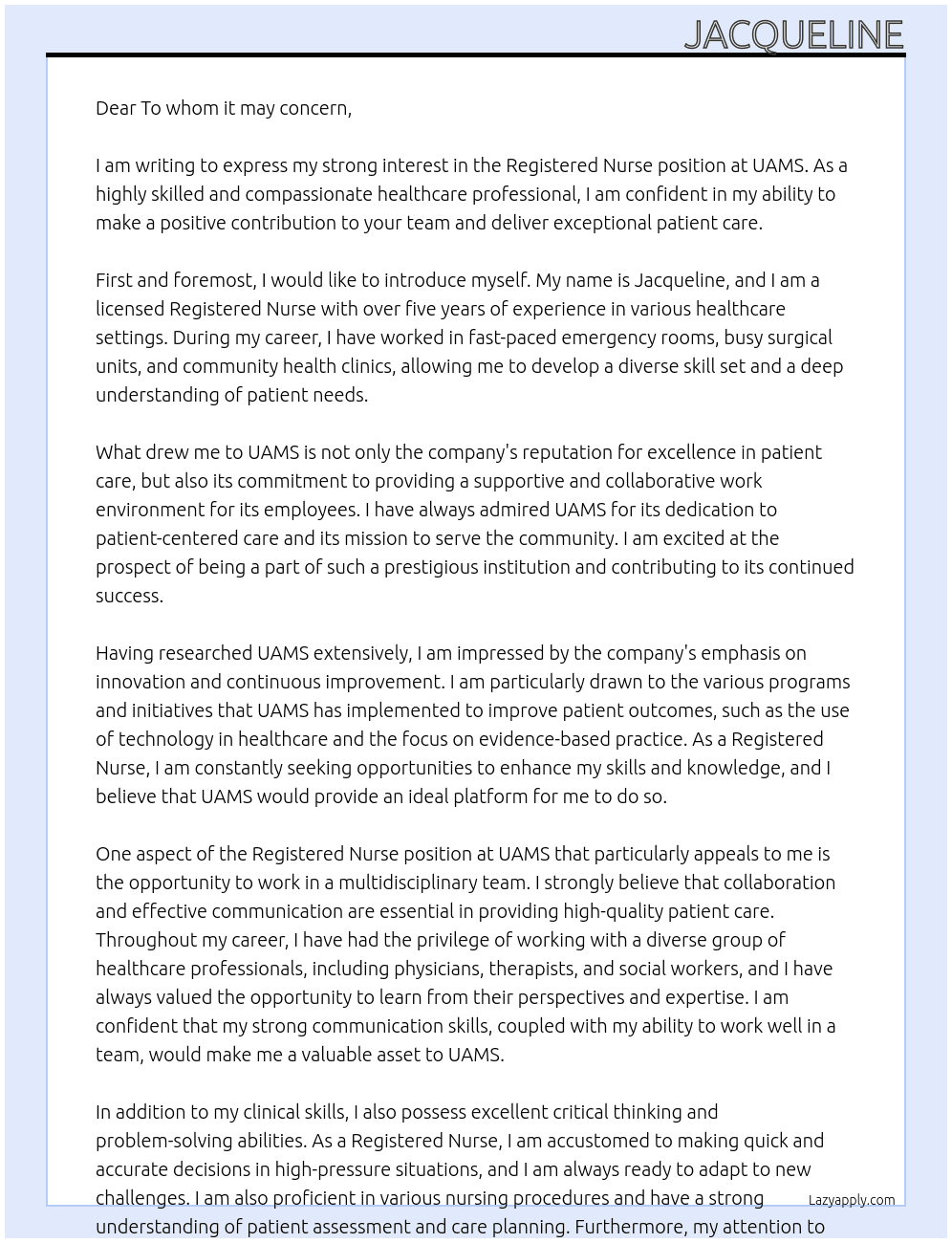 Registered Nurse At UAMS Cover Letter