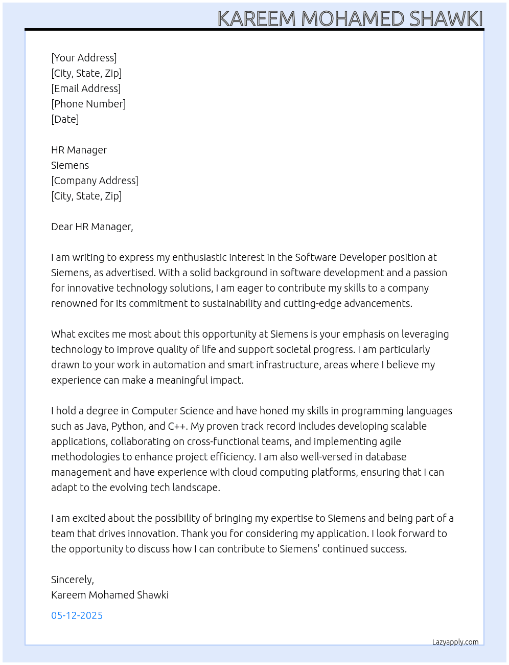 Cover letter for software develper - LazyApply