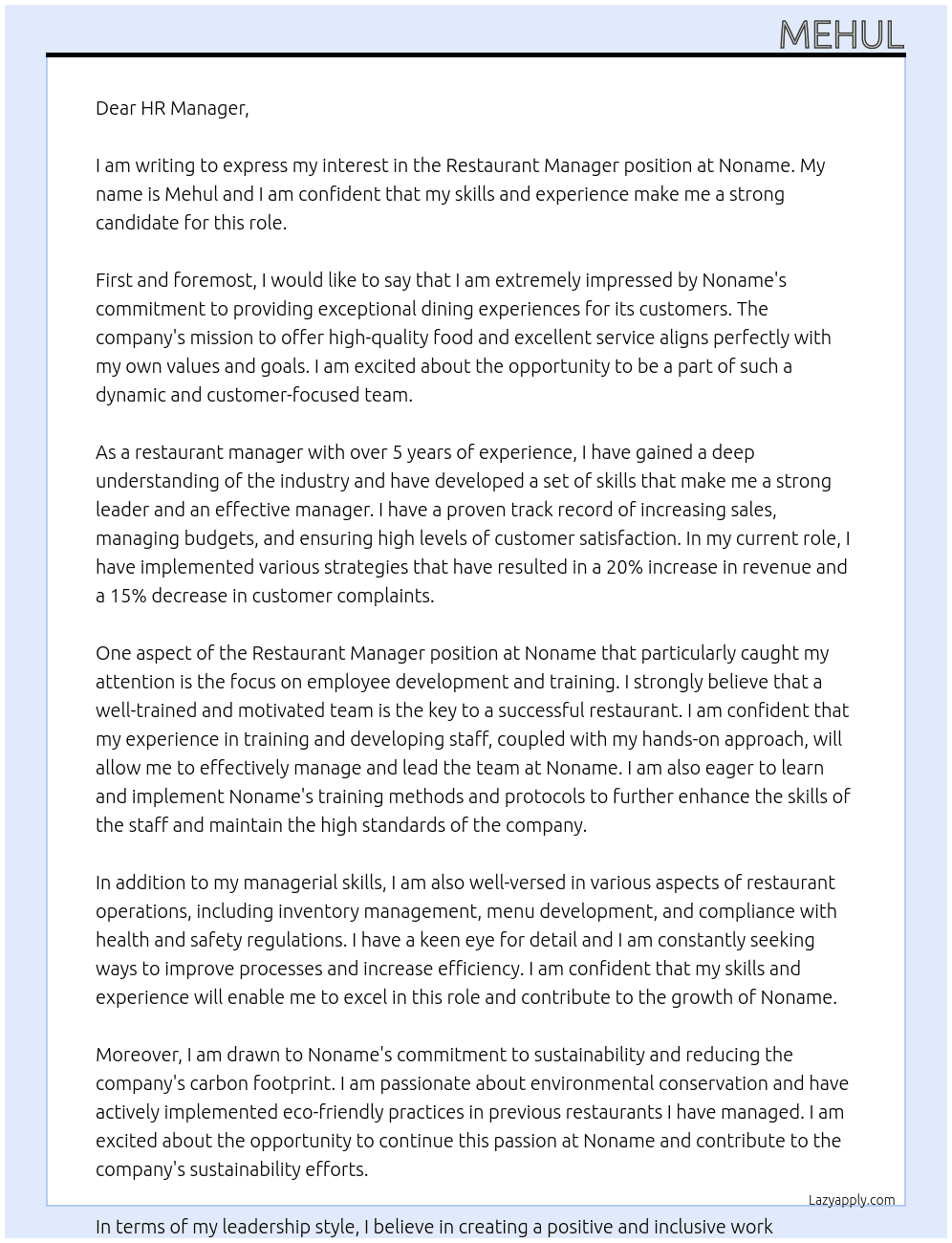 restaurant manager At noname Cover Letter