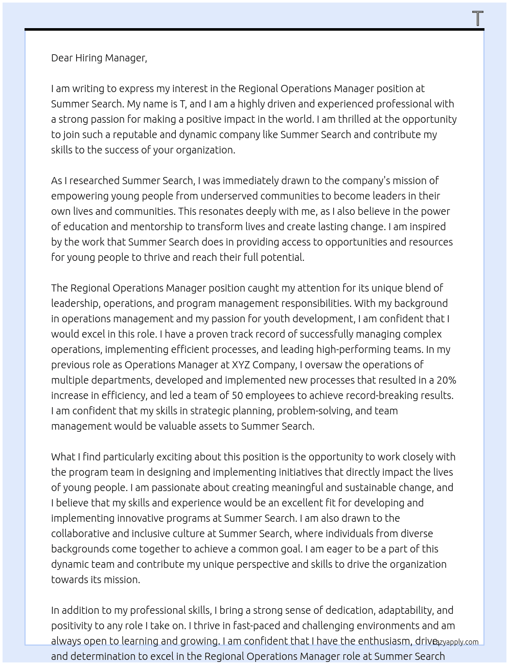 Regional Operations Manager At Summer Search  Cover Letter