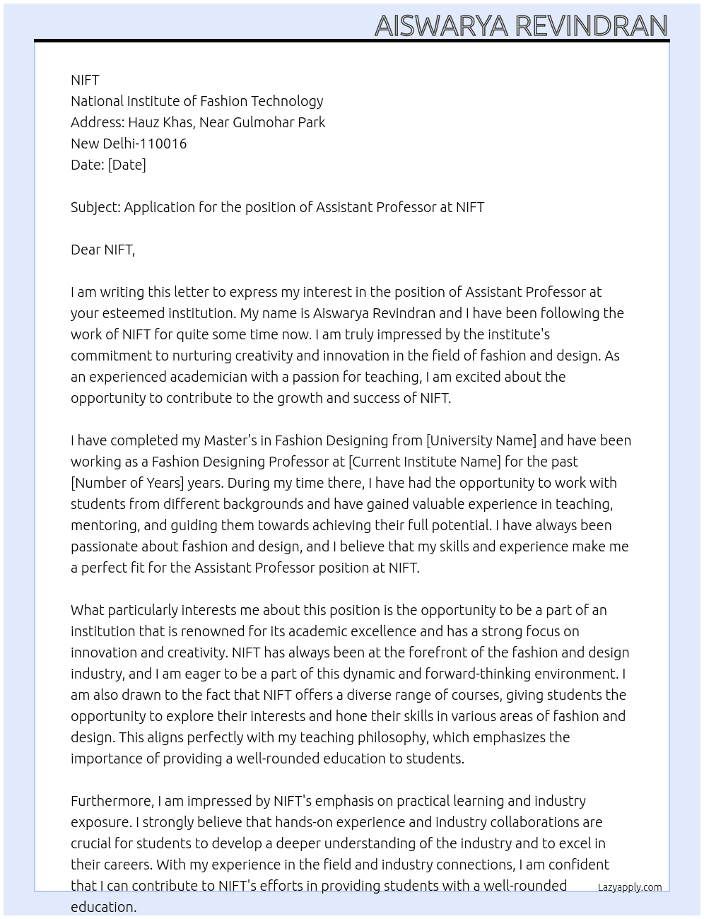 Assistant Professor At NIFT Cover Letter
